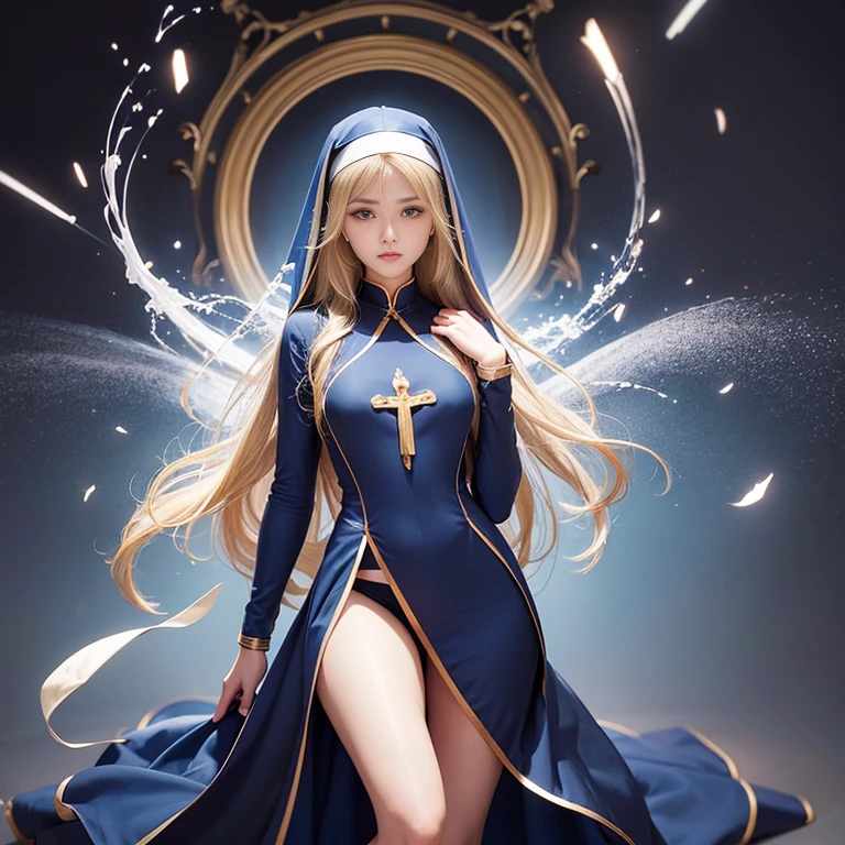 photorealistic、whole body、High resolution, best quality, super high quality, high quality, High resolution, ウルトラHigh resolution, disorganized, In 4K, In 8K, hyper-detailed, intricate details、14 year old woman with beautiful features、Slender body type、great shading, high contrast, Reality, realistic photo, Raw photo, Photography, Super thin illustration, Shrinkage rate, perfect anatomy, correct anatomy, perfect proportions, perfect face, perfect hands, perfect legs, perfect fingers、chest small、Blonde semi-long、Dark blue nun attire、The background is the chapel of the cathedral、Front facing、sit on the ground with both knees bent、open leg、I can see white underwear、private parts visible、crying face、looking at the camera