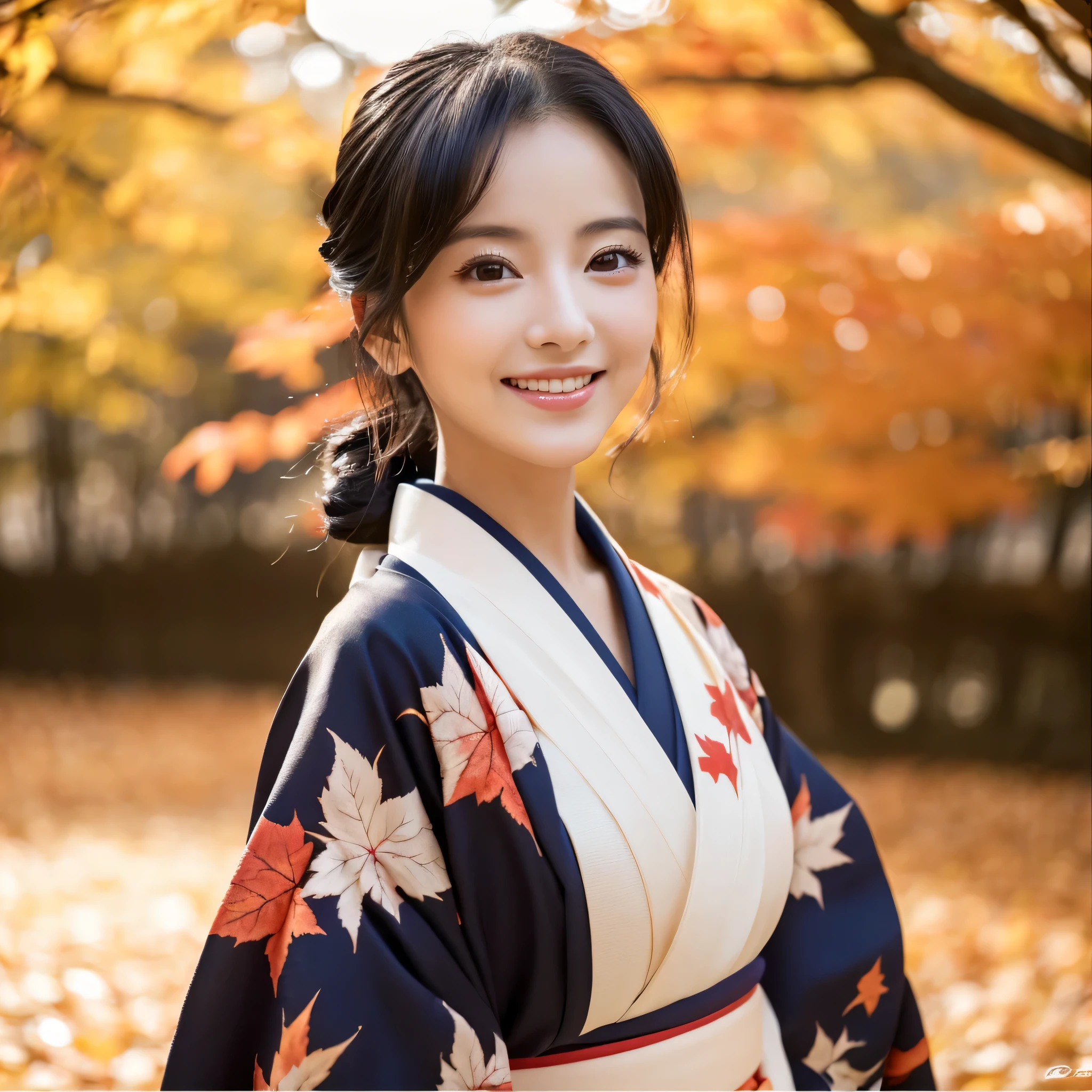 (Super beautiful woman in kimono)、((highest quality、8K masterpiece:1.3))、sharp focus:1.2、(super beautiful face:1.0)、(shiny skin:1.0)、realistic pictures、black haired、video lighting、High resolution eyes and face、video lighting、japanese actress、from the front、Medium chest、with a happy smile、wearing a kimono、under the autumn leaves、highest grade obi