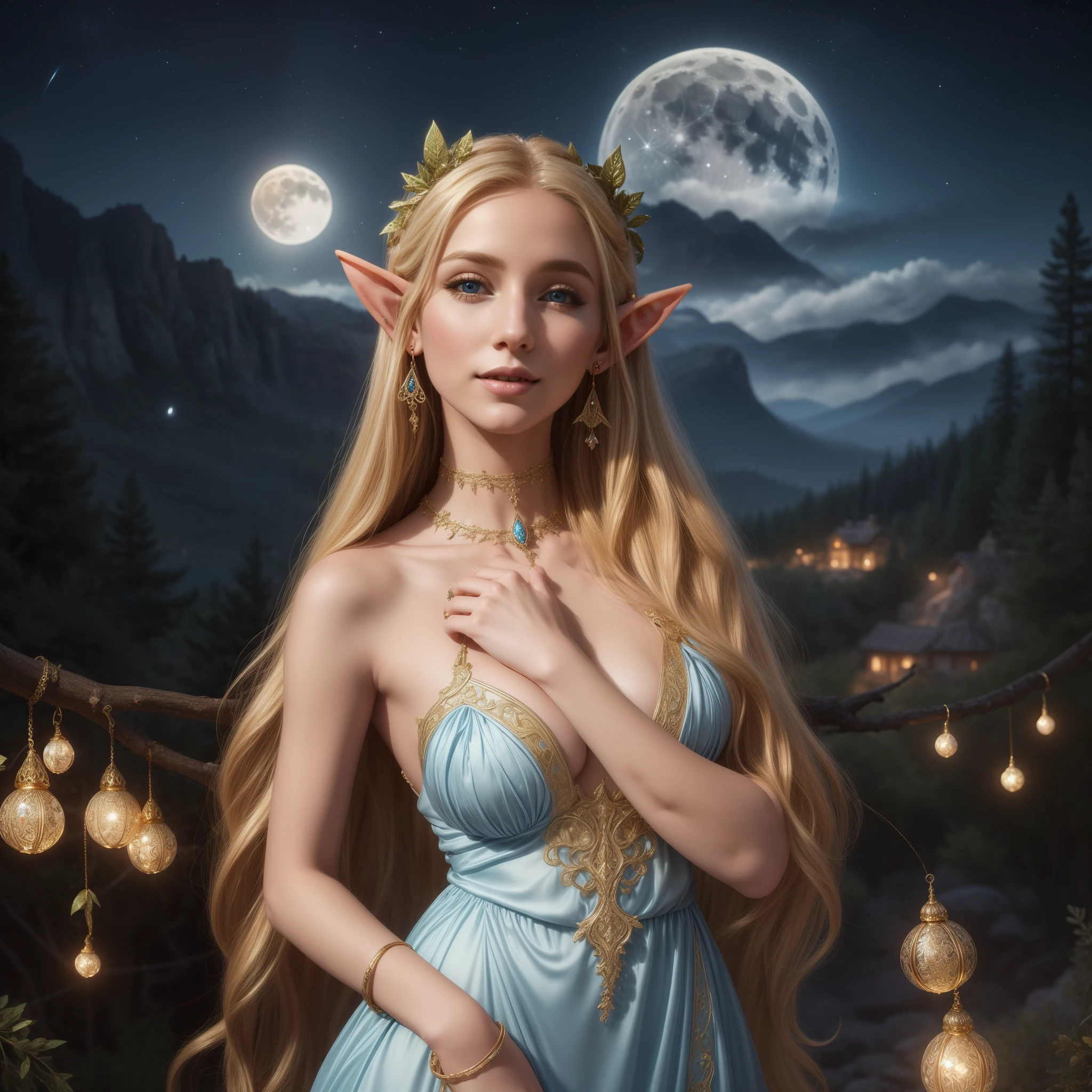 A beautiful elf, with long flowing blonde hair, silky skin, beautiful eyes, full lips, big breasts, wearing a transparent pure blue silk dress, wearing earrings, a gold choker, giving a beautiful smile, posing, and in the background mountains and pine trees, and above her head a night sky with scattered clouds and a moon shining white, bright butterflies and fireflies all around ((intricate details)) hyperrealistic wonderful elf, beautiful photorealistic sexy elf in the moonlight, a beautiful goddess of nature under the moonlight with intricate details.