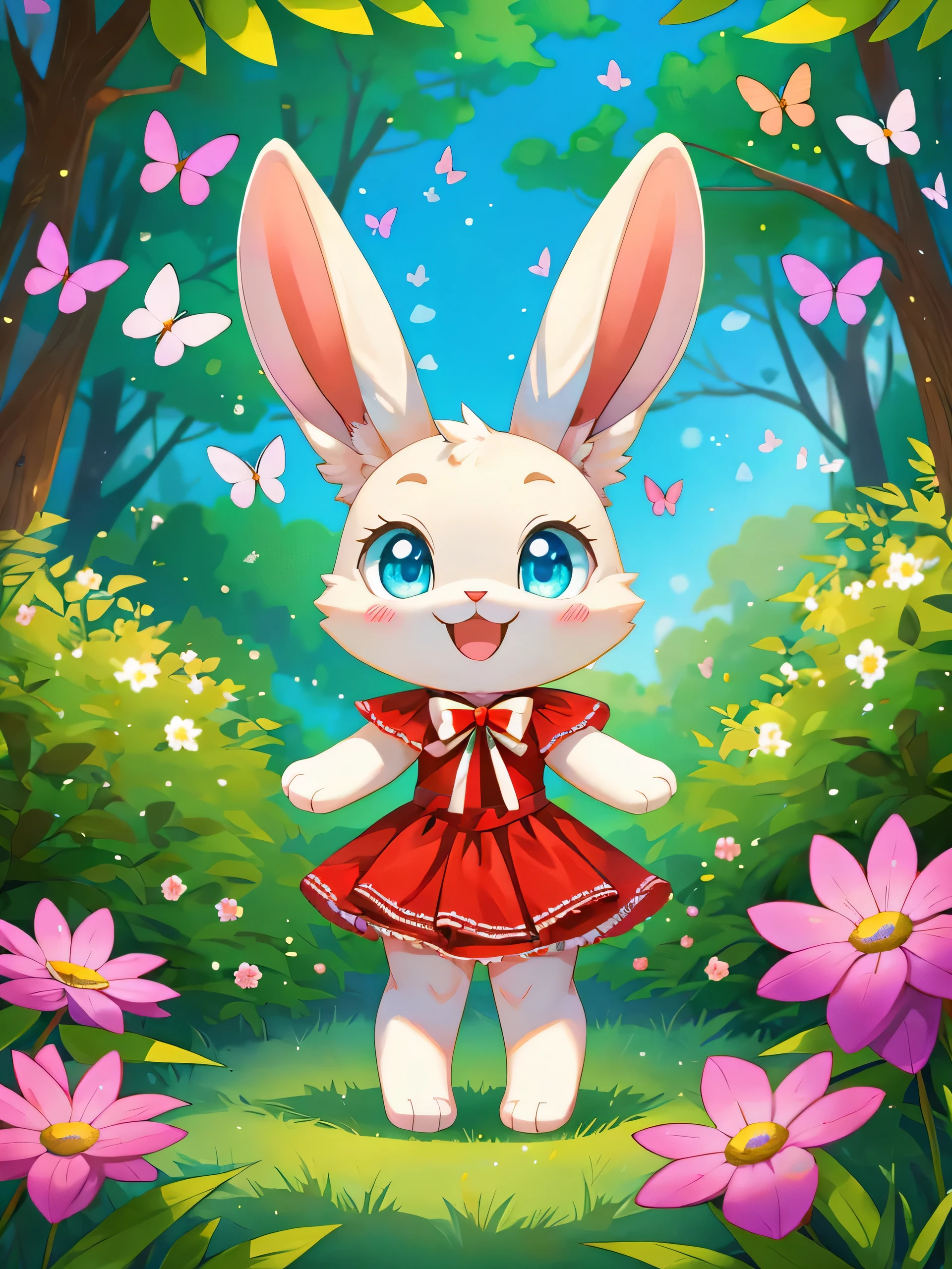 zoomed out image, cute style art, fantasy style art, cute, adorable, short character, small, tiny little fluffy female white bunny with blue eyes, 4 ears, 2 extra ears, big floppy ears, long ears, ears perked up, raised ears, long eyelashes, poofy rabbit tail, wearing a red frilly ribbon dress, smiling, standing in a colorful fantasy forest, soft tones, big expressive smile, open mouth, wide eyes, excited eyes, excited face, stunning visuals, sunlight coming through the trees, flowers scattered in the bushes, butterflies in the air, digital illustration