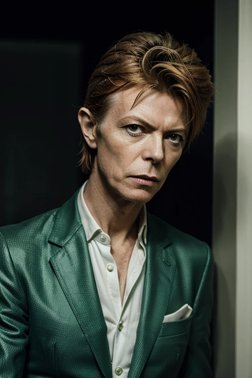 david bowie, color suit green, portrait of david bowie
