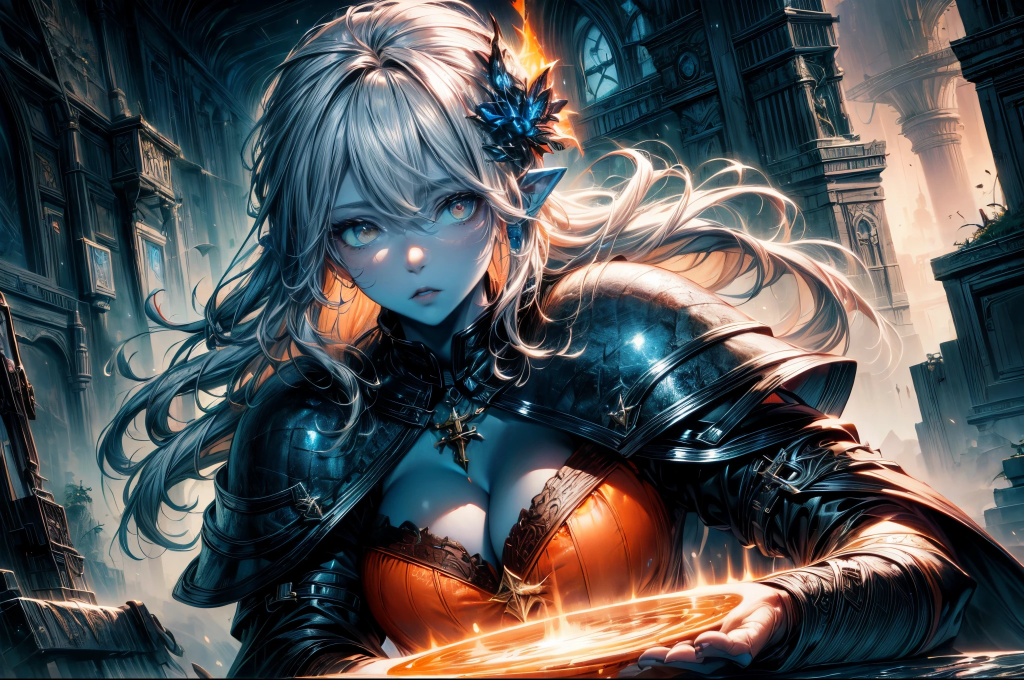 fantasy art, dnd art, RPG art, wide shot, (masterpiece: 1.4) portrait, intense details, highly detailed, photorealistic, best quality, highres, portrait a vedalken female (fantasy art, Masterpiece, best quality: 1.3) ((blue skin: 1.5)), intense details facial details, exquisite beauty, (fantasy art, Masterpiece, best quality) cleric, (blue colored skin: 1.5) 1person blue_skin, blue skinned female, (white hair: 1.3), long hair, intense green eye, ((no ears: 1.6)), fantasy art, Masterpiece, best quality) armed a fiery sword red fire, wearing heavy (white: 1.3) half plate mail armor, wearing high heeled laced boots, wearing an(orange :1.3) cloak, wearing glowing holy symbol GlowingRunes_pink, within fantasy temple background, reflection light, high details, best quality, 16k, [ultra detailed], masterpiece, best quality, (extremely detailed), close up, ultra wide shot, photorealistic, RAW, fantasy art, dnd art, fantasy art, realistic art,((best quality)), ((masterpiece)), (detailed), perfect face