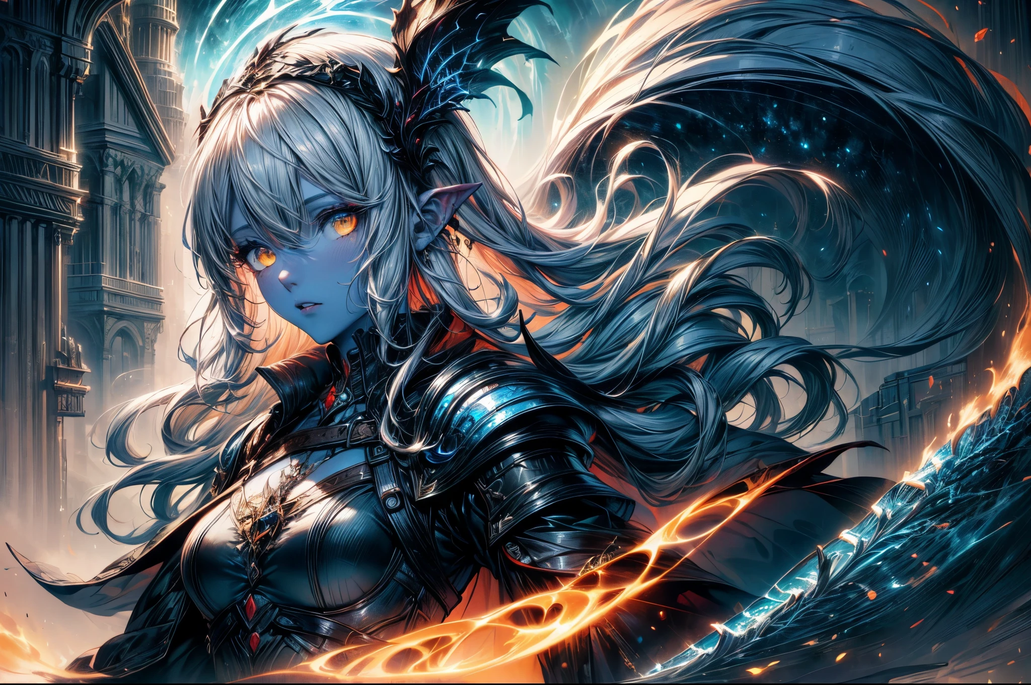 fantasy art, dnd art, RPG art, wide shot, (masterpiece: 1.4) portrait, intense details, highly detailed, photorealistic, best quality, highres, portrait a vedalken female (fantasy art, Masterpiece, best quality: 1.3) ((blue skin: 1.5)), intense details facial details, exquisite beauty, (fantasy art, Masterpiece, best quality) cleric, (blue colored skin: 1.5) 1person blue_skin, blue skinned female, (white hair: 1.3), long hair, intense green eye, ((no ears: 1.6)), fantasy art, Masterpiece, best quality) armed a fiery sword red fire, wearing heavy (white: 1.3) half plate mail armor, wearing high heeled laced boots, wearing an(orange :1.3) cloak, wearing glowing holy symbol GlowingRunes_pink, within fantasy temple background, reflection light, high details, best quality, 16k, [ultra detailed], masterpiece, best quality, (extremely detailed), close up, ultra wide shot, photorealistic, RAW, fantasy art, dnd art, fantasy art, realistic art,((best quality)), ((masterpiece)), (detailed), perfect face