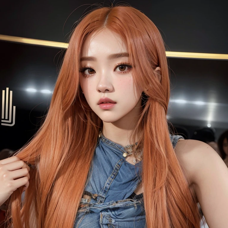 Un primer plano de una mujer con el pelo largo y rojo con un vestido de mezclilla, ella tiene el pelo largo y renaranjado, She has long orange-brown hair., retrato de jisoo rosa negro, portrait of jossi de blackpink, jossi de blackpink, pelo largo naranja, jisoo de blackpink, sol yunjoo, Jisoo de Blackpink, parque roseanne de blackpink, cabello suelto naranja, pelo naranja largo y ondulado