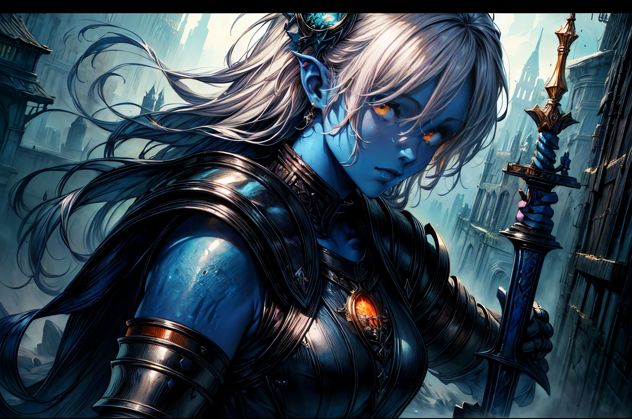 fantasy art, dnd art, RPG art, wide shot, (masterpiece: 1.4) portrait, intense details, highly detailed, photorealistic, best quality, highres, portrait a vedalken female (fantasy art, Masterpiece, best quality: 1.3) ((blue skin: 1.5)), intense details facial details, exquisite beauty, (fantasy art, Masterpiece, best quality) cleric, (blue colored skin: 1.5) 1person blue_skin, blue skinned female, (white hair: 1.3), long hair, intense green eye, ((no ears: 1.6)), fantasy art, Masterpiece, best quality) armed a fiery sword red fire, wearing heavy (white: 1.3) half plate mail armor, wearing high heeled laced boots, wearing an(orange :1.3) cloak, wearing glowing holy symbol GlowingRunes_pink, within fantasy temple background, reflection light, high details, best quality, 16k, [ultra detailed], masterpiece, best quality, (extremely detailed), close up, ultra wide shot, photorealistic, RAW, fantasy art, dnd art, fantasy art, realistic art,((best quality)), ((masterpiece)), (detailed), perfect face