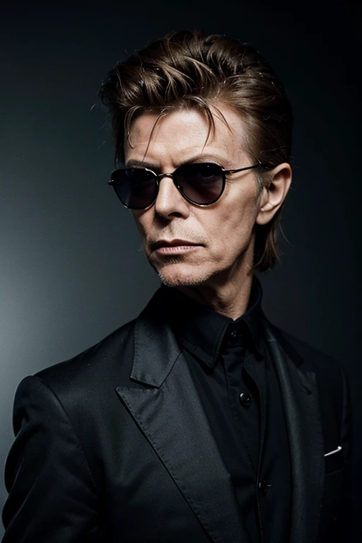 david bowie, color suit black, portrait of david bowie, sunglasses