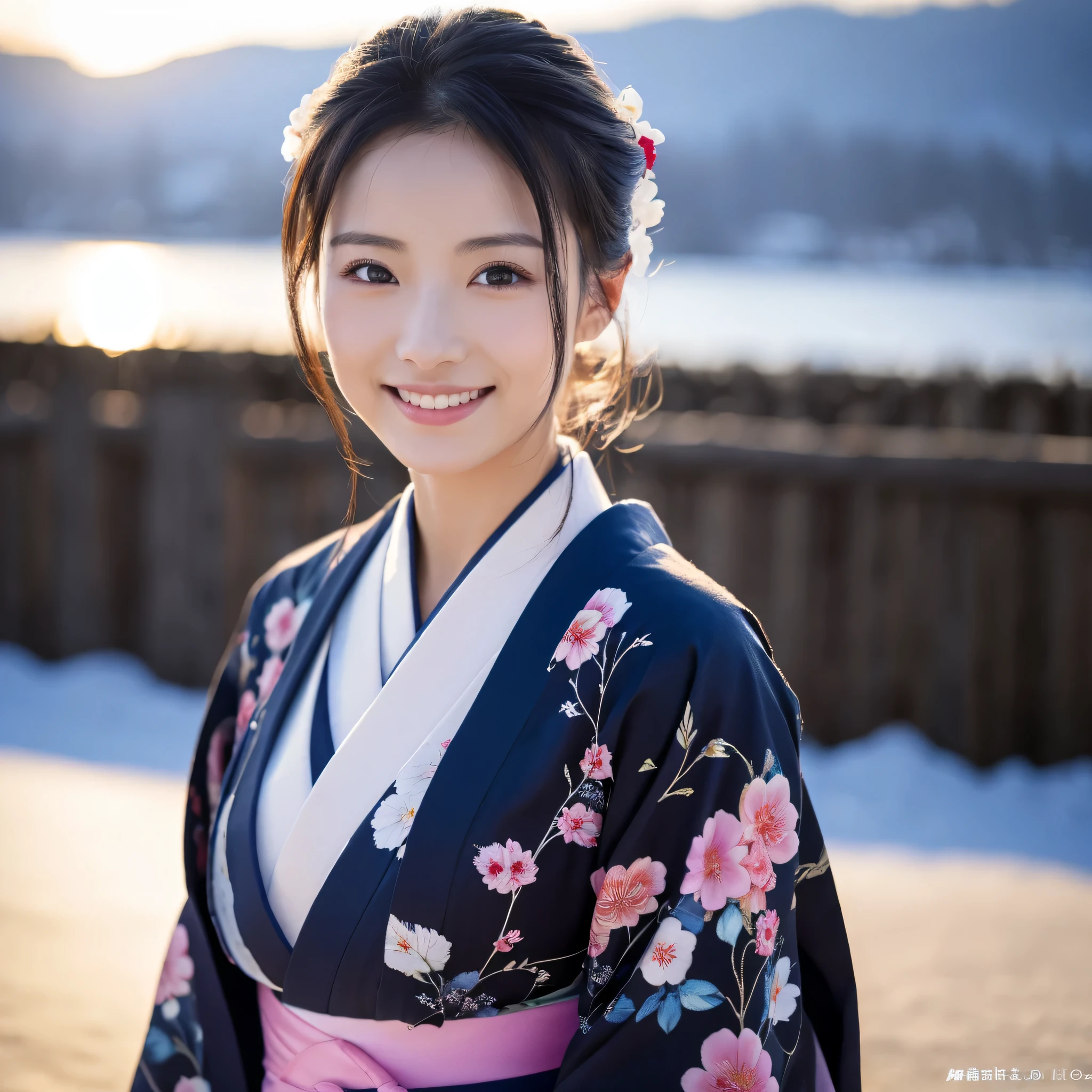 (Super beautiful woman in kimono)、((highest quality、8K masterpiece:1.3))、sharp focus:1.2、(super beautiful face:1.0)、(shiny skin:1.0)、realistic pictures、black hair、video lighting、High resolution eyes and face、video lighting、japanese actress、from the front、Medium chest、with a happy smile、Slender abs beauty、whole body、wearing a kimono、In the snowy landscape of midwinter、highest grade obi