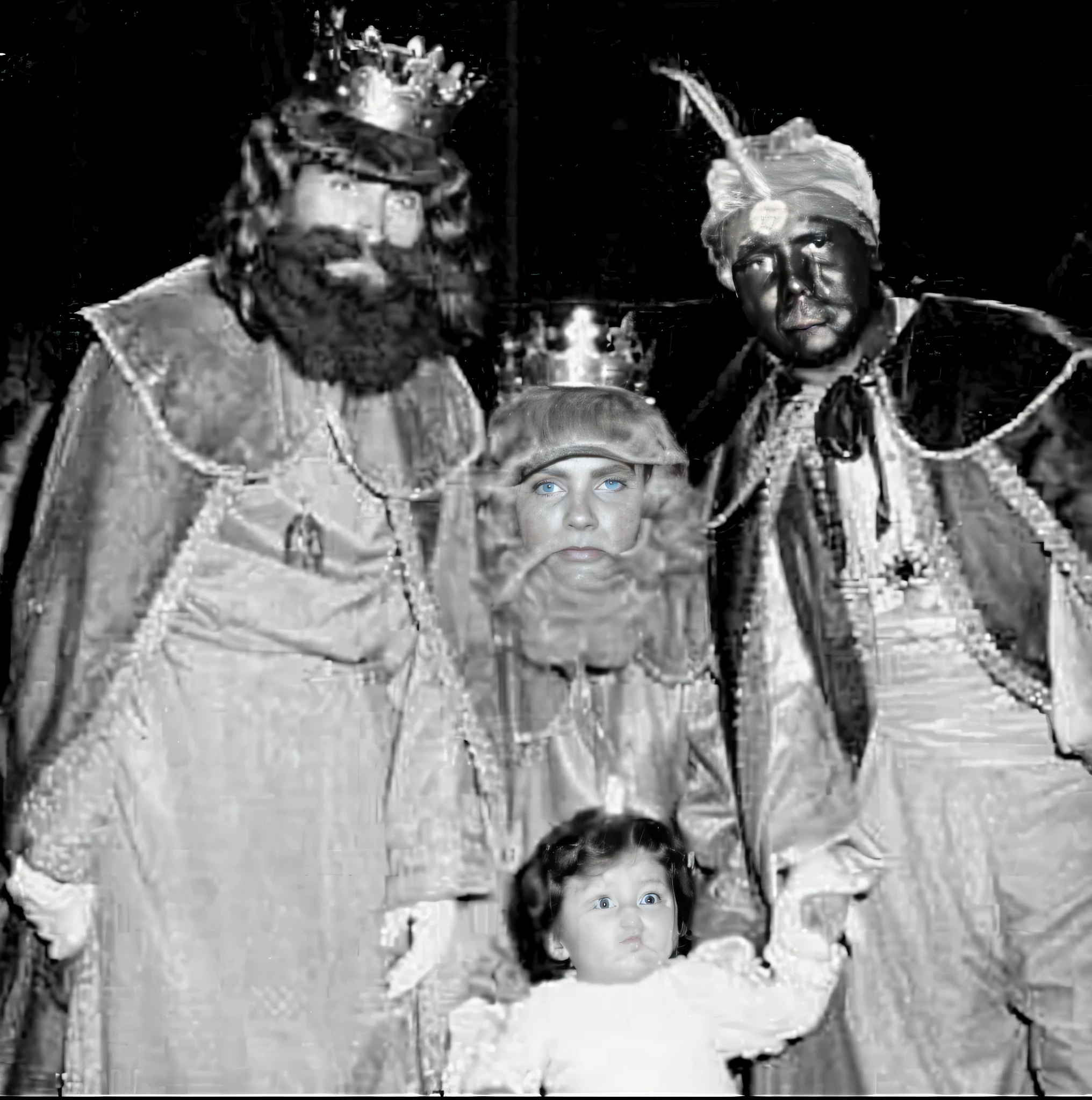 Foto en blanco y negro de tres hombres, varones, vestidos de reyes magos, three men and a girl at the bottom