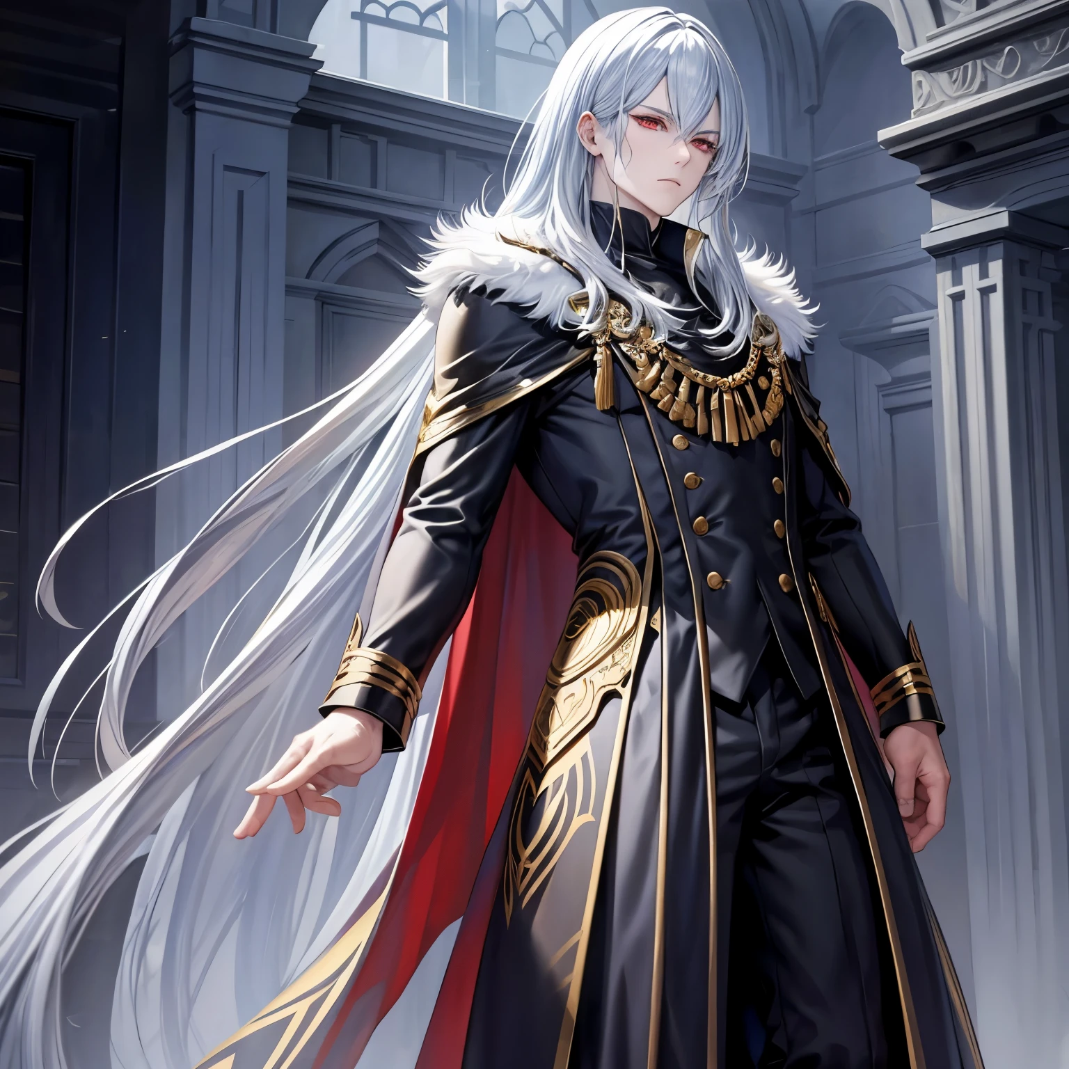 A man, with white hair, red eyes. He wears black and gold clothing. With a furry cape, he has a cold look and walks among the nobles in dust.
