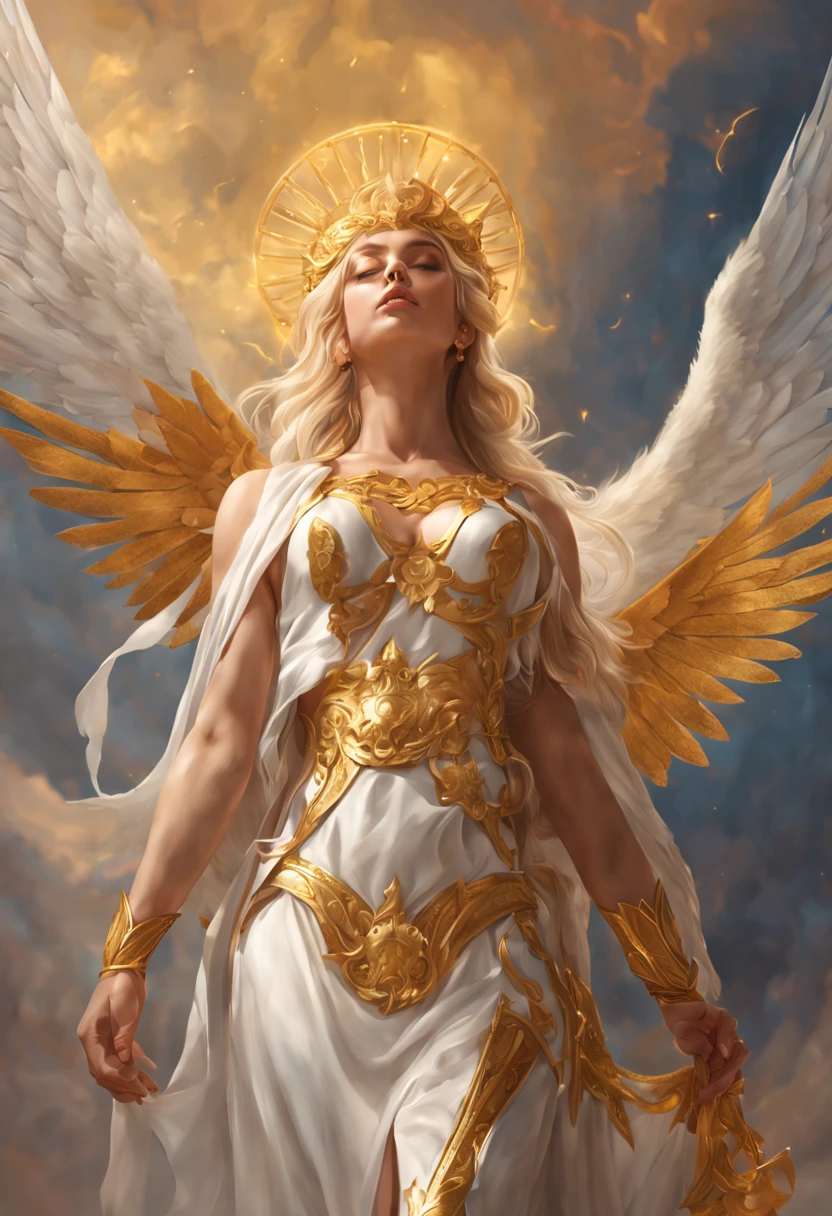A beautiful vouptuous angel warrior woman with a golden halo above the head that is standing in the heaven, Harpy face above a cloud, Subject fits in frame, Oil painting, art by Alex Horley and Perer Lee art, magical gleaming background, Approaching perfection, Minimalistic clip art, negative space logos style, minimalistic logo design, 8k post production, High resolution, hyperdetailed, Trending on Artstation, beautiful gradient, Depth of field, clean image, High quality, full body view, real full body height, beautiful vouptuosus angel warrior woman with a golden halo above the head standing confidently in a bright, modern room with minimal decor, vivid lighting, and an peaceful atmosphere , highly detailed and intricate digital painting, with sharp focus and smooth textures, inspired by the works of artgerm, Beautiful blonde sparking hair, Makeup, Octane render, 8k, Beautiful lighting, hyper realistic, golden halo above the head ,a woman in a gold lingersuit , photorealistic perfect body, blonde goddess, perfect body, beautiful detailed body and face, sexy girl, sexy body, intricate body, beautiful body, realistic shaded perfect body, japanese goddess, seductive anime girl, beautiful goddess, great body, sexy hot body, beautiful body and face, attractive body, A beautiful vouptuous angel warrior woman with a golden halo above the head that is standing in the heaven, Harpy face above a cloud, Subject fits in frame, Oil painting, art by Alex Horley and Perer Lee art, magical gleaming background, Approaching perfection, Minimalistic clip art, negative space logos style, minimalistic logo design, 8k post production, High resolution, hyperdetailed, Trending on Artstation, beautiful gradient, Depth of field, clean image, High quality, full body view, real full body height, beautiful vouptuosus angel warrior woman with a golden halo above the head standing confidently in a bright, modern room with minimal decor, vivid lighting, and an peaceful atmosphere , highly detail