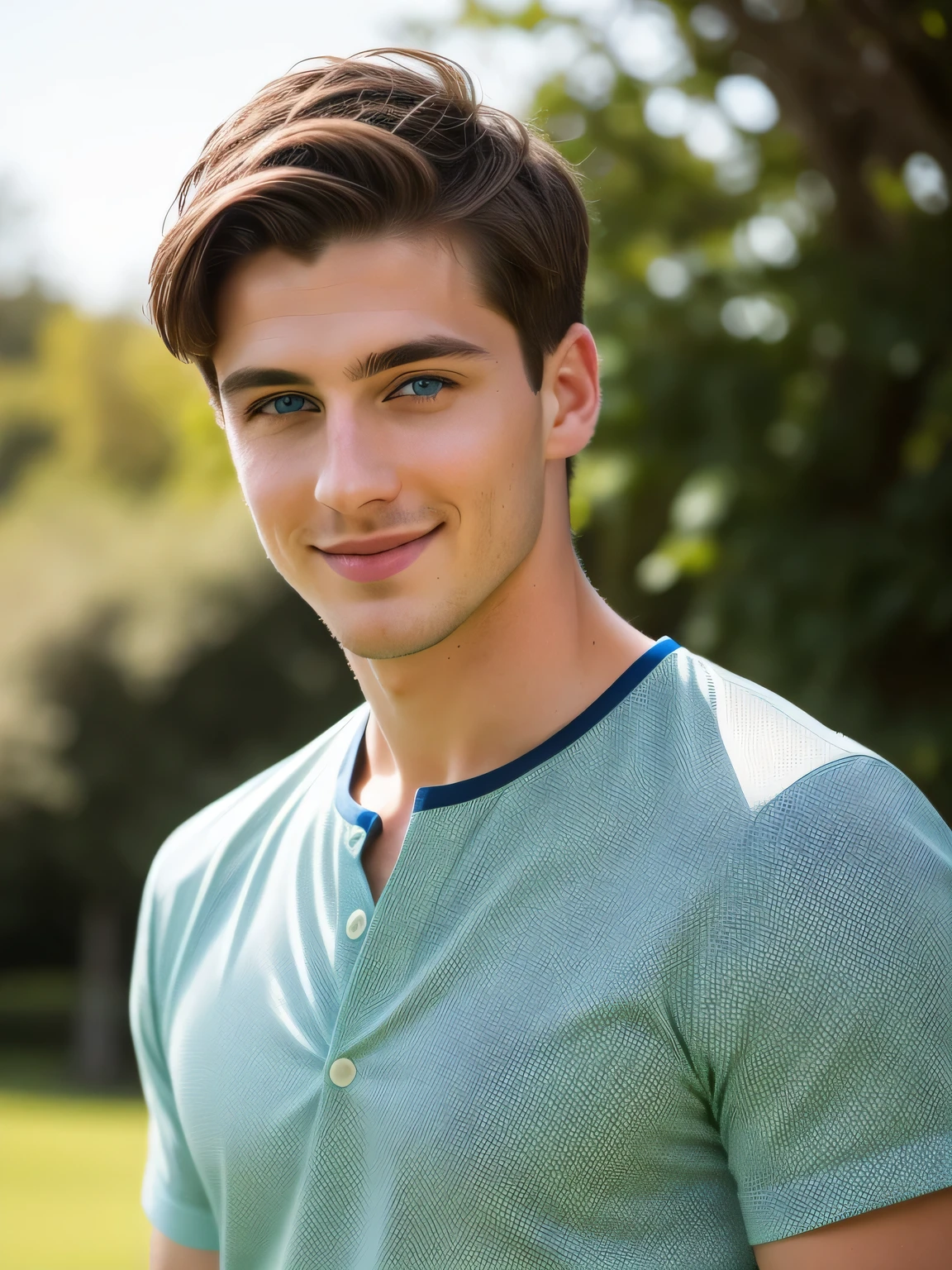 photo of a stunningly handsome man 25 years old, Blue eyes, short hair, Brown hair, full height, photorealistic, Best quality, detailed, 8K, HDR, cinematic lighting, Sharp Focus, short hair, looks at the camera, smiling, slight smile, The whole body is visible, on a green background, sunny day, Summer Clothing
