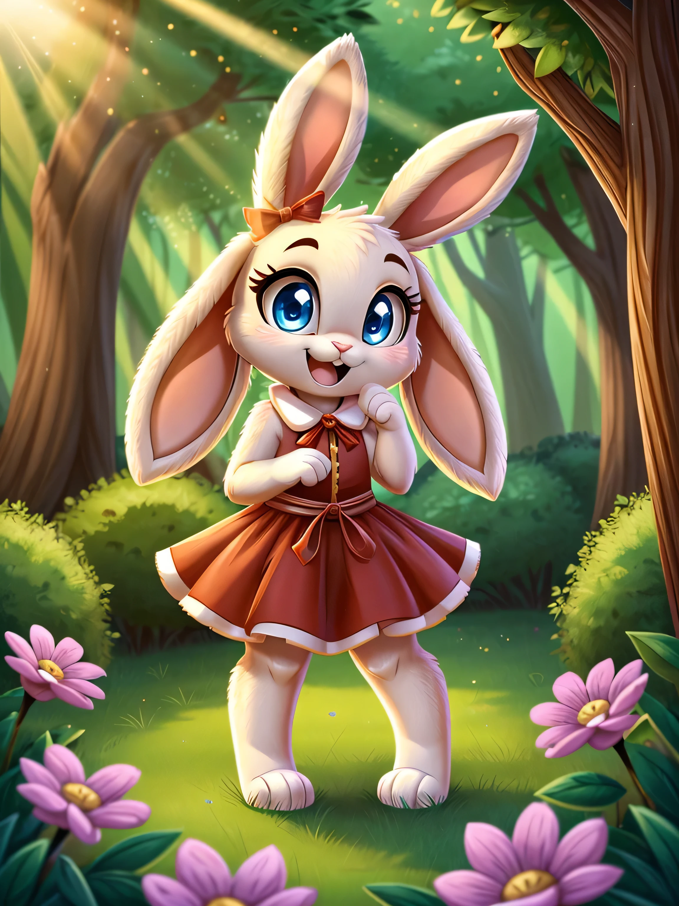 zoomed out image, cute style art, fantasy style art, cute, adorable, short character, small, tiny little fluffy female white bunny with blue eyes, 4 ears, 2 extra ears, big floppy ears, long ears, ears perked up, raised ears, long eyelashes, poofy rabbit tail, wearing a red frilly ribbon dress, smiling, standing in a colorful fantasy forest, soft tones, big expressive smile, open mouth, wide eyes, excited eyes, excited face, stunning visuals, sunlight coming through the trees, flowers scattered in the bushes, butterflies in the air, digital illustration