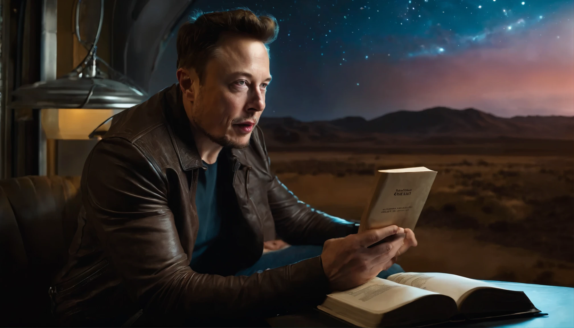 Elon Musk reading the book &#39;The Hitchhiker to the Galaxy&#39; in a room with a scifi atmosphere windows overlooking the galaxies