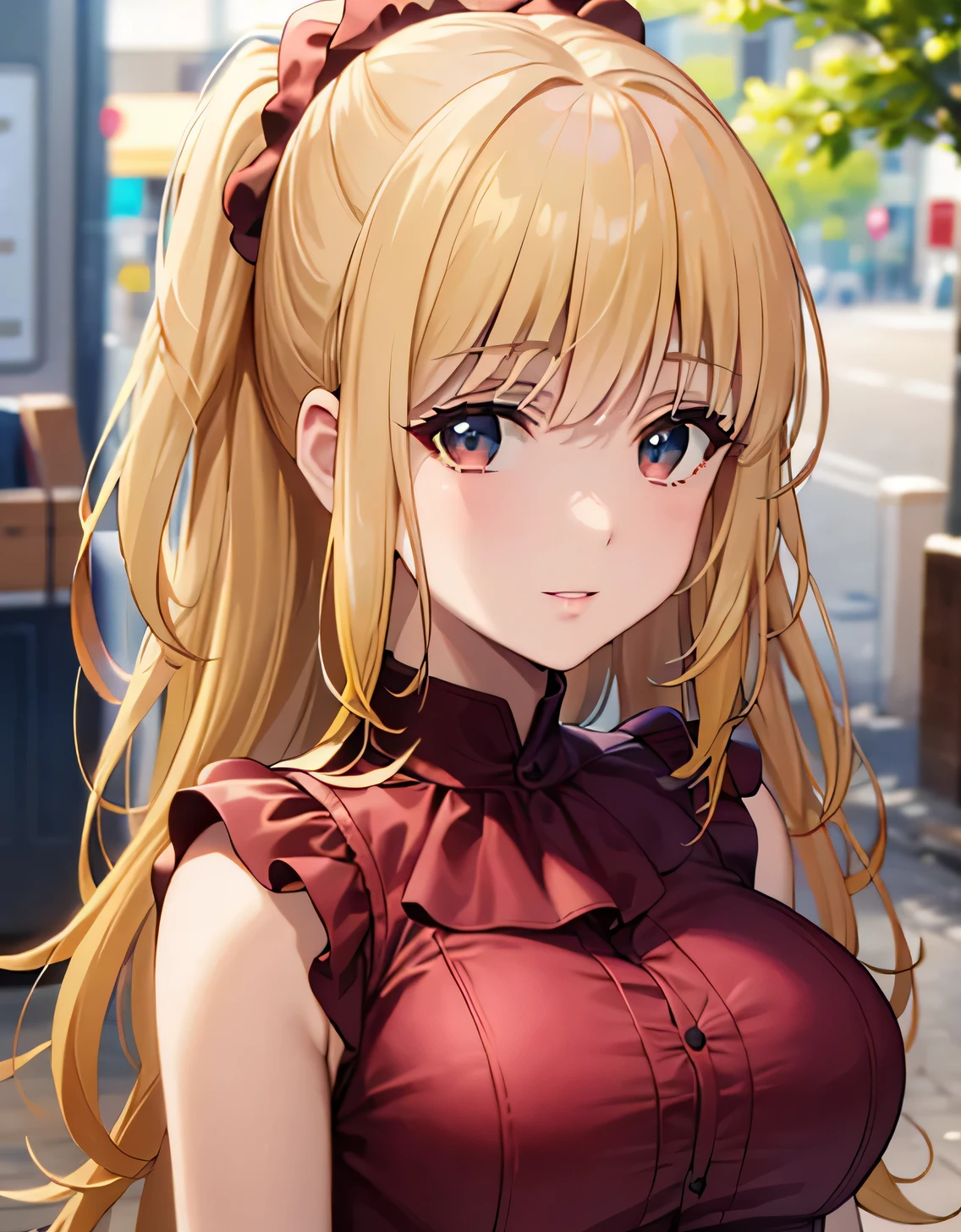 blonde hair, red eyes, long hair, twin braids, hair scrunchie, hair ribbon,shuka dress, red dress, ruffle dress, No sleeve,(big breasts:1.5),looking at the viewer,Are standing,((masterpiece)),((highest quality)),perfect anatomy,8K UHD,highly detailed face,luster and luster,((1 girl)),((alone)),(beautiful and fine eyes:1.5),perfect image,(Upper body:1.1),(look ahead:1.1),turn your arms behind your back,slim waist,shiny hair,outdoor,light smile,