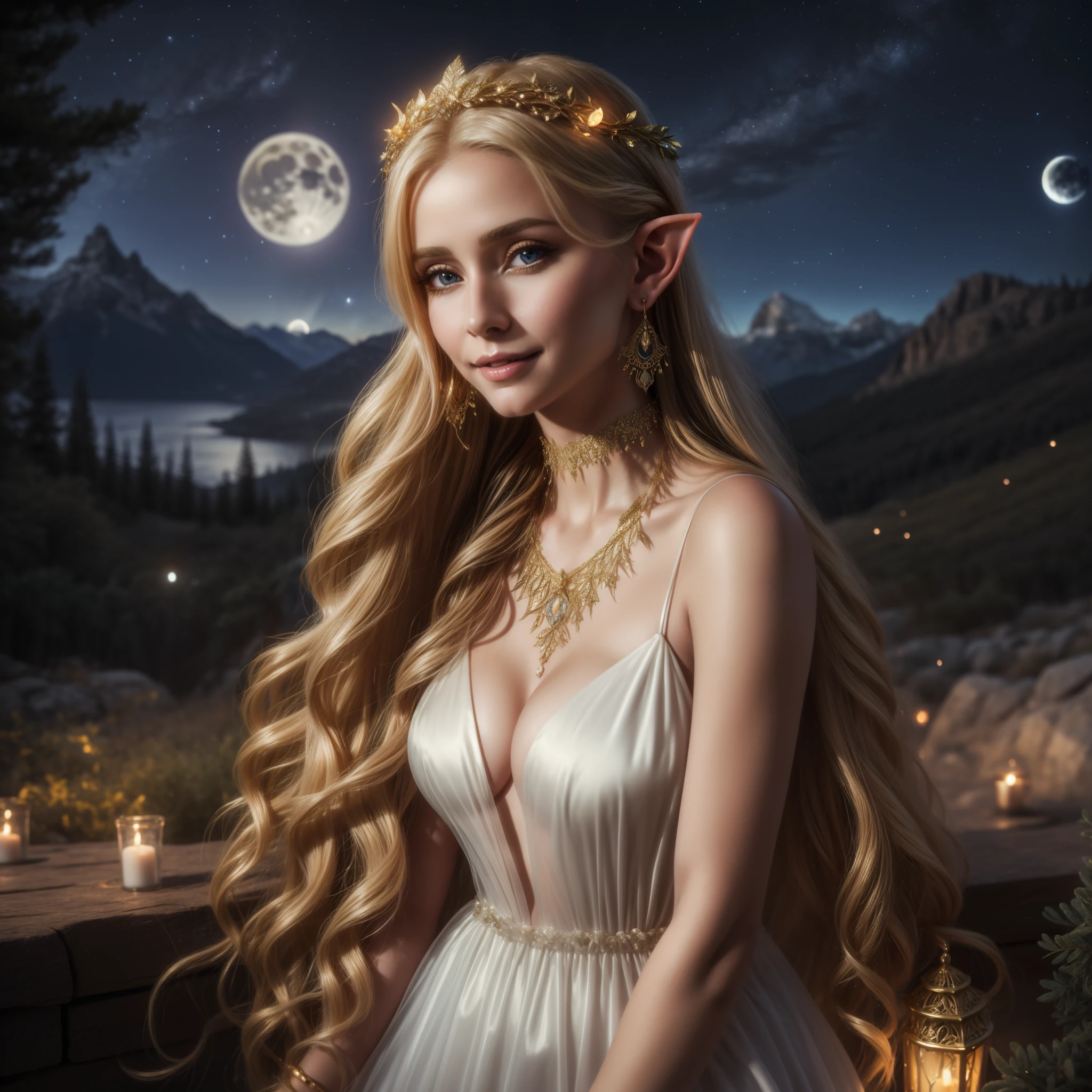 A beautiful elf, with long flowing blonde hair, silky skin, beautiful eyes, full lips, big breasts, wearing a transparent pure blue silk dress, wearing earrings, a gold choker, giving a beautiful smile, posing, and in the background mountains and pine trees, and above her head a night sky with scattered clouds and a moon shining white, bright butterflies and fireflies all around ((intricate details)) hyperrealistic wonderful elf, beautiful photorealistic sexy elf in the moonlight, a beautiful goddess of nature under the moonlight with intricate details.
