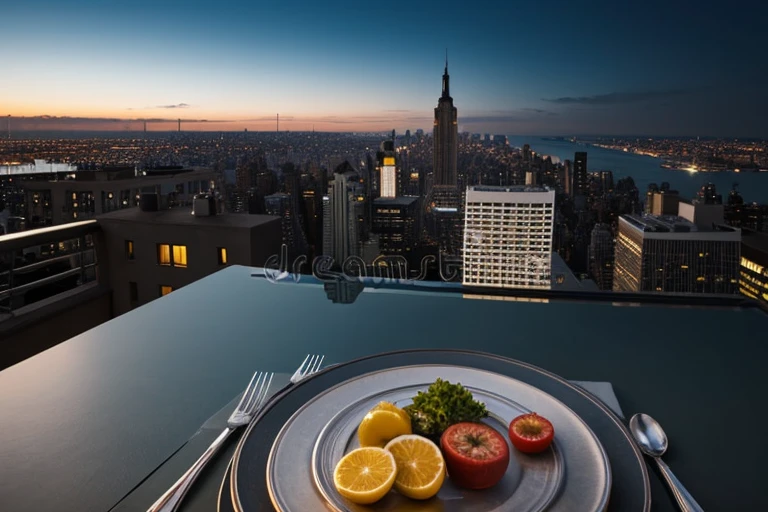 stunning slick chromed metallic table top surface view  with the manhattan iconic view at night,  background, awesome professional stock photo best quality, 8k, low view, panoramic background, sharp close-up table top surface 