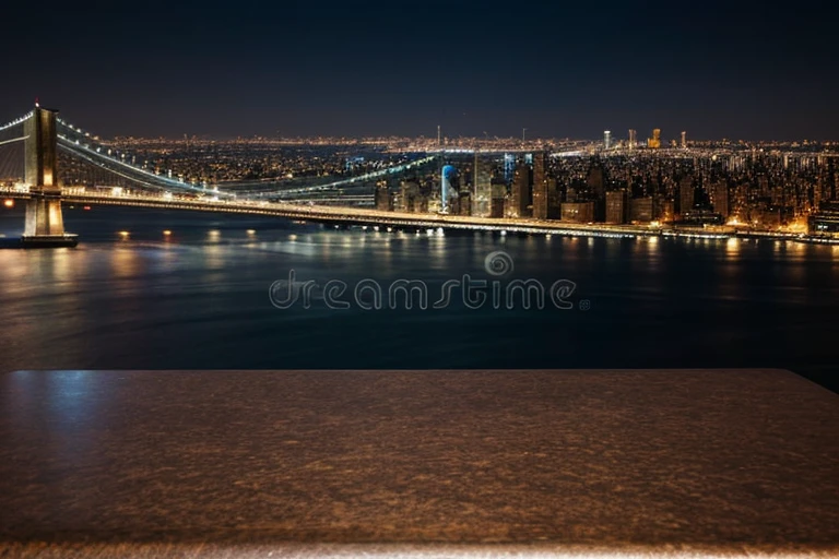 stunning slick chromed metallic table top surface view with the manhattan iconic view at night, background, awesome professional stock photo best quality, 8k, low view, panoramic background, sharp close-up table top surface