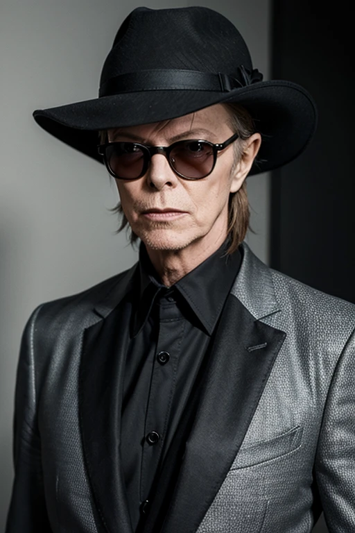 david bowie, color suit gray, portrait of david bowie, sunglasses, black hat