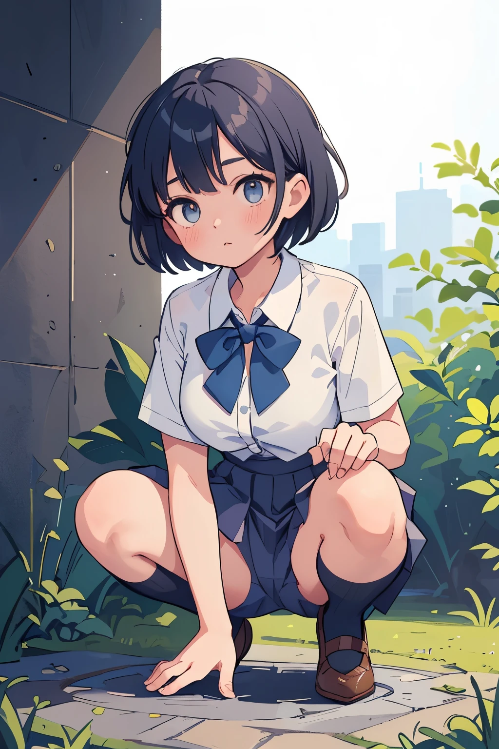 (masterpiece, best quality), 1girl, Slate Short Pixie Cut, Size H breasts, Medium blue Collared button-up blouse with a tied bow detail. and Pleated culottes, kneehighs, Crouching on the ground