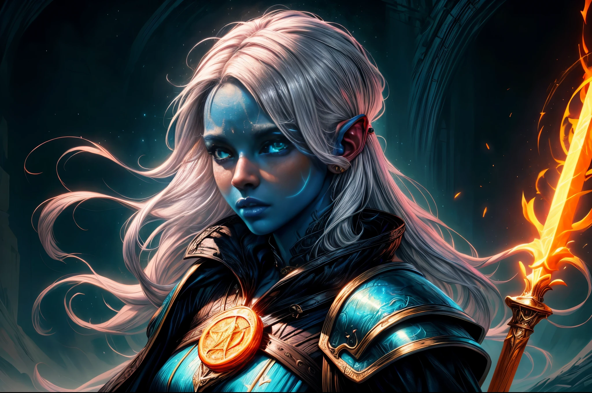 fantasy art, dnd art, RPG art, wide shot, (masterpiece: 1.4) portrait, intense details, highly detailed, photorealistic, best quality, highres, portrait a vedalken female (fantasy art, Masterpiece, best quality: 1.3) ((blue skin: 1.5)), intense details facial details, exquisite beauty, (fantasy art, Masterpiece, best quality) cleric, (blue colored skin: 1.5) 1person blue_skin, blue skinned female, (white hair: 1.3), long hair, intense green eye, ((no ears: 1.6)), fantasy art, Masterpiece, best quality) armed a fiery sword red fire, wearing heavy (white: 1.3) half plate mail armor, wearing high heeled laced boots, wearing an(orange :1.3) cloak, wearing glowing holy symbol GlowingRunes_pink, within fantasy temple background, reflection light, high details, best quality, 16k, [ultra detailed], masterpiece, best quality, (extremely detailed), close up, ultra wide shot, photorealistic, RAW, fantasy art, dnd art, fantasy art, realistic art,((best quality)), ((masterpiece)), (detailed), perfect face