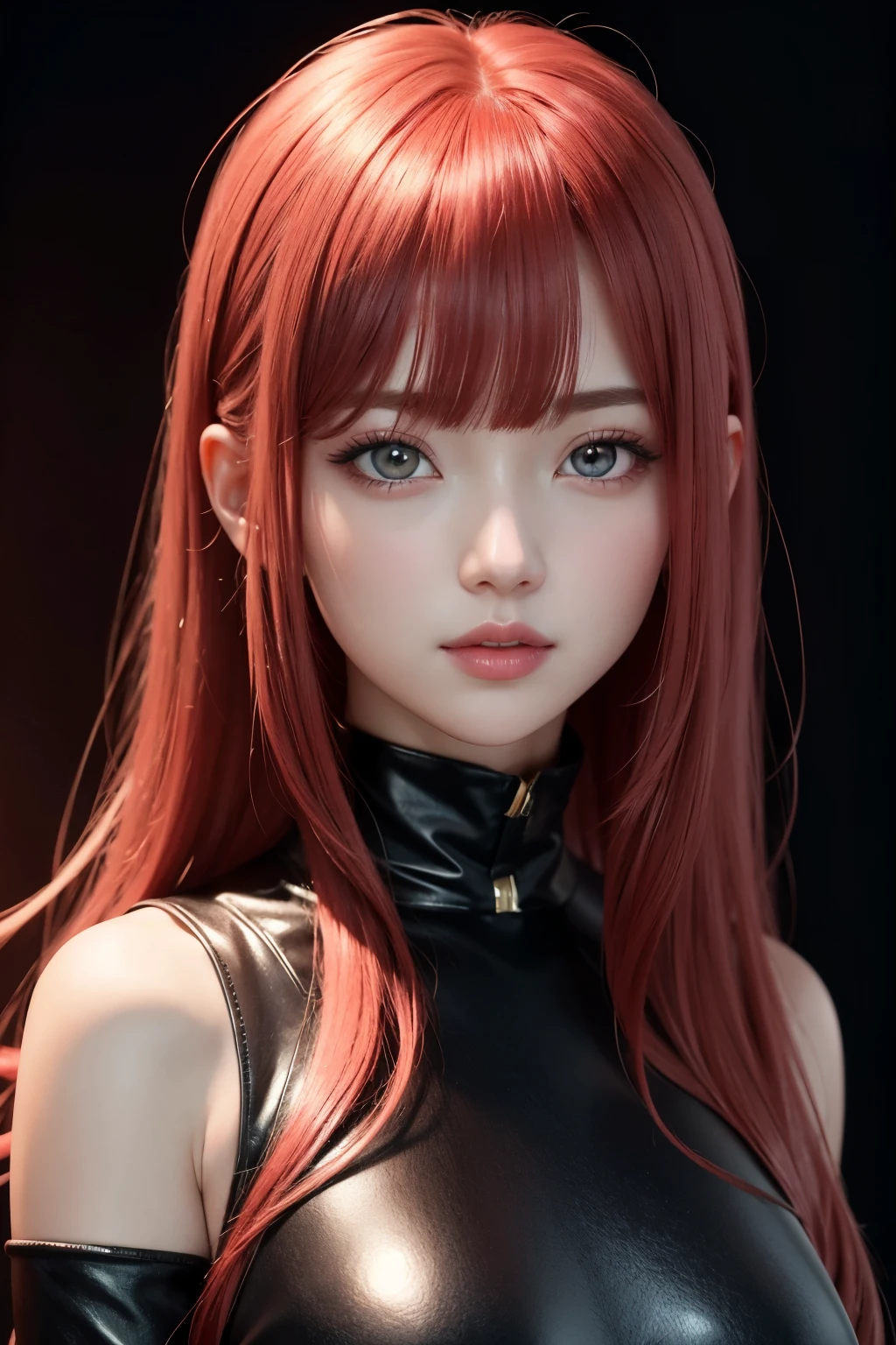 1girl, star eye, blush, perfect illumination, red hair, red eyes, unreal engine, sidelighting, detailed face, bangs, bright skin, simple background, dark background