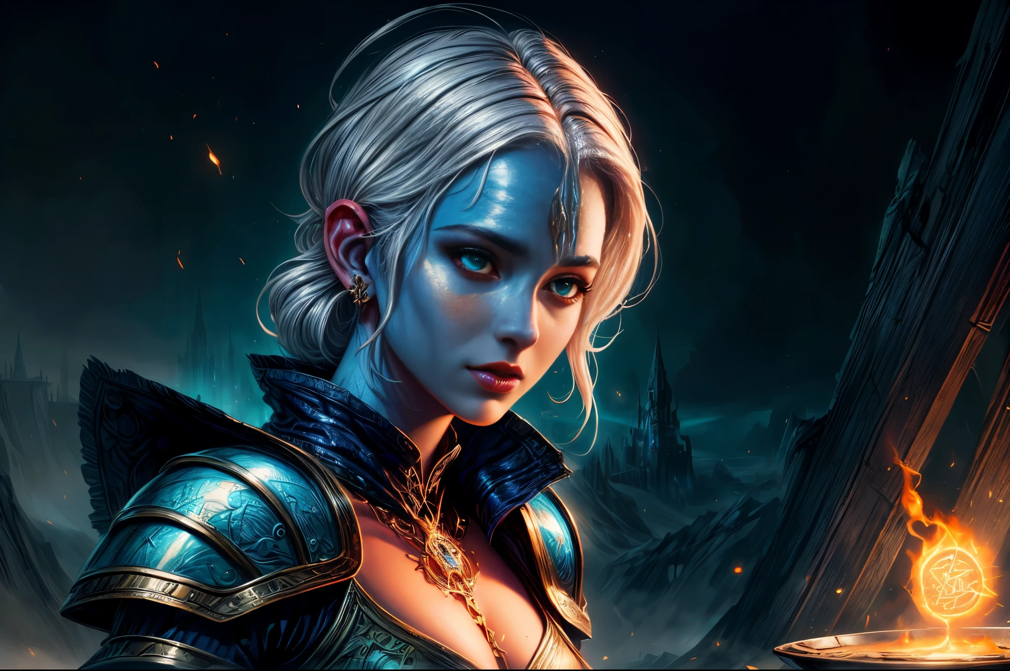 fantasy art, dnd art, RPG art, wide shot, (masterpiece: 1.4) portrait, intense details, highly detailed, photorealistic, best quality, highres, portrait a vedalken female (fantasy art, Masterpiece, best quality: 1.3) ((blue skin: 1.5)), intense details facial details, exquisite beauty, (fantasy art, Masterpiece, best quality) cleric, (blue colored skin: 1.5) 1person blue_skin, blue skinned female, (white hair: 1.3), long hair, intense green eye, ((no ears: 1.6)), fantasy art, Masterpiece, best quality) armed a fiery sword red fire, wearing heavy (white: 1.3) half plate mail armor, wearing high heeled laced boots, wearing an(orange :1.3) cloak, wearing glowing holy symbol GlowingRunes_pink, within fantasy temple background, reflection light, high details, best quality, 16k, [ultra detailed], masterpiece, best quality, (extremely detailed), close up, ultra wide shot, photorealistic, RAW, fantasy art, dnd art, fantasy art, realistic art,((best quality)), ((masterpiece)), (detailed), perfect face