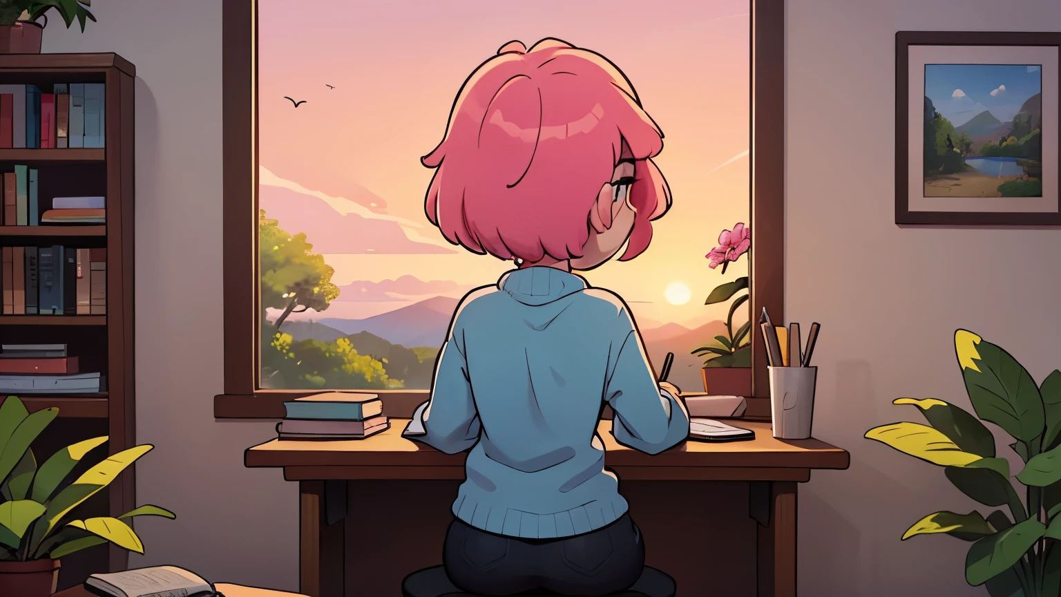 A cute and beautiful darkskin girl studying a cozy study desk, sweet sunset serene colour palate, filled with plants and flowers and bookshelf, camera zoomed in at her studying overlooking a beautiful natural scenery, camera shot in a such a way the landscape is more in view with a little of her back showing. Pink hair, cozy sweater