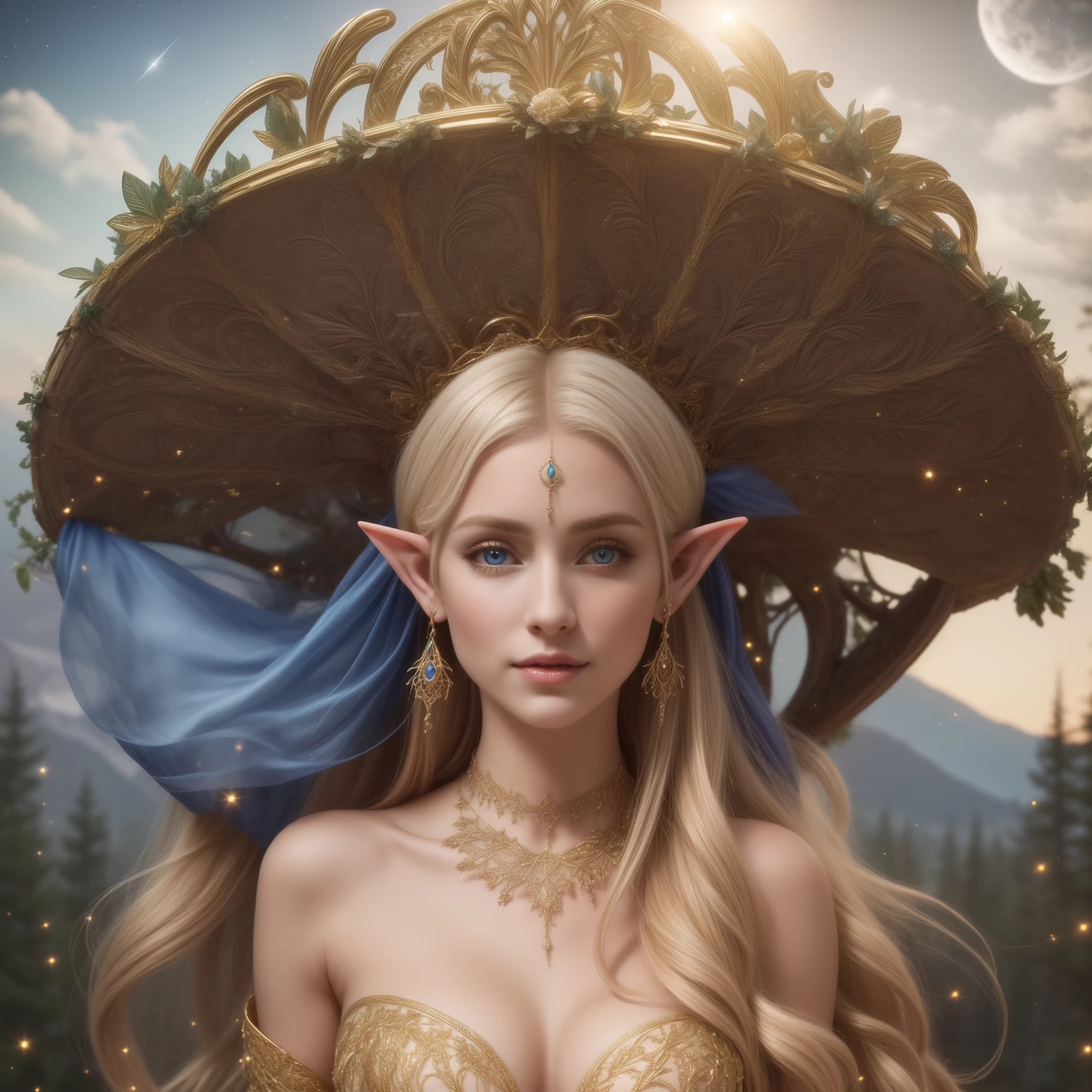 A beautiful elf, with long flowing blonde hair, silky skin, beautiful eyes, full lips, big breasts, wearing a transparent pure blue silk dress, wearing earrings, a gold choker, giving a beautiful smile, posing, and in the background mountains and pine trees, and above her head a night sky with scattered clouds and a moon shining white, bright butterflies and fireflies all around ((intricate details)) hyperrealistic wonderful elf, beautiful photorealistic sexy elf in the moonlight, a beautiful goddess of nature under the moonlight with intricate details.