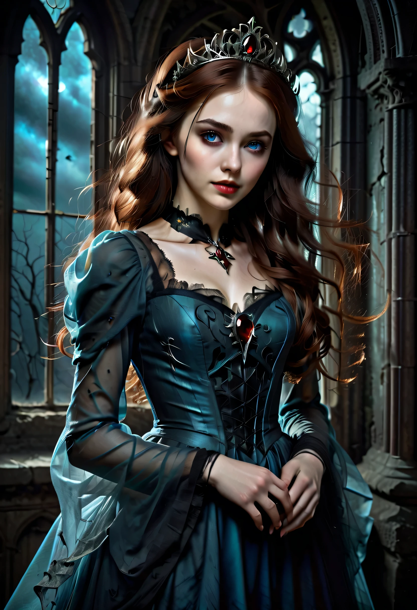 A young beautiful girl with delicate flawless skin, long curly red hair, blue eyes, wearing a blue Victorian dress with red accents and lace. the background is the interior of an old Gothic church in semi-darkness, the only light comes from the moon whose rays fall through the stained glass window, illuminating the girl's face. dust particles illuminated by the moon give a dark atmosphere, Gothic art, Baroque, Realism, depth of field, backlighting, highres, 16k, best quality, high quality, textured skin, Vampire Princess, 18years old, breathtakingly beautiful, (blue eyes high quality, masterpiece:1.2), ultra-detailed, (realistic, photo-realistic:1.37), softly glowing pale skin, pure blooded, porcelain-like complexion, elegant and refined features, graceful posture, dark and mysterious atmosphere, gothic fashion, flowing black lace dress, touch of red in her clothes, dainty silver jewelry with ruby accents, subtle yet captivating smile, slightly pointed canines, translucent wings resembling bat wings, subtle shimmering effect on her wings, gardens filled with blooming blood roses, vivid red petals contrasted with the darkness, enchanting moonlit night, dark and hauntingly beautiful castle in the background, splashes of moonlight illuminating her ethereal beauty, dark shadows and dramatic lighting, icy stare that freezes the hearts of those who dare to meet her gaze, air of authority and power, symbol of both danger and allure, night sky filled, photorealistic, Realism, Gothic art, Romanticism, cinematic lighting, 4k, 8k, highres, UHD