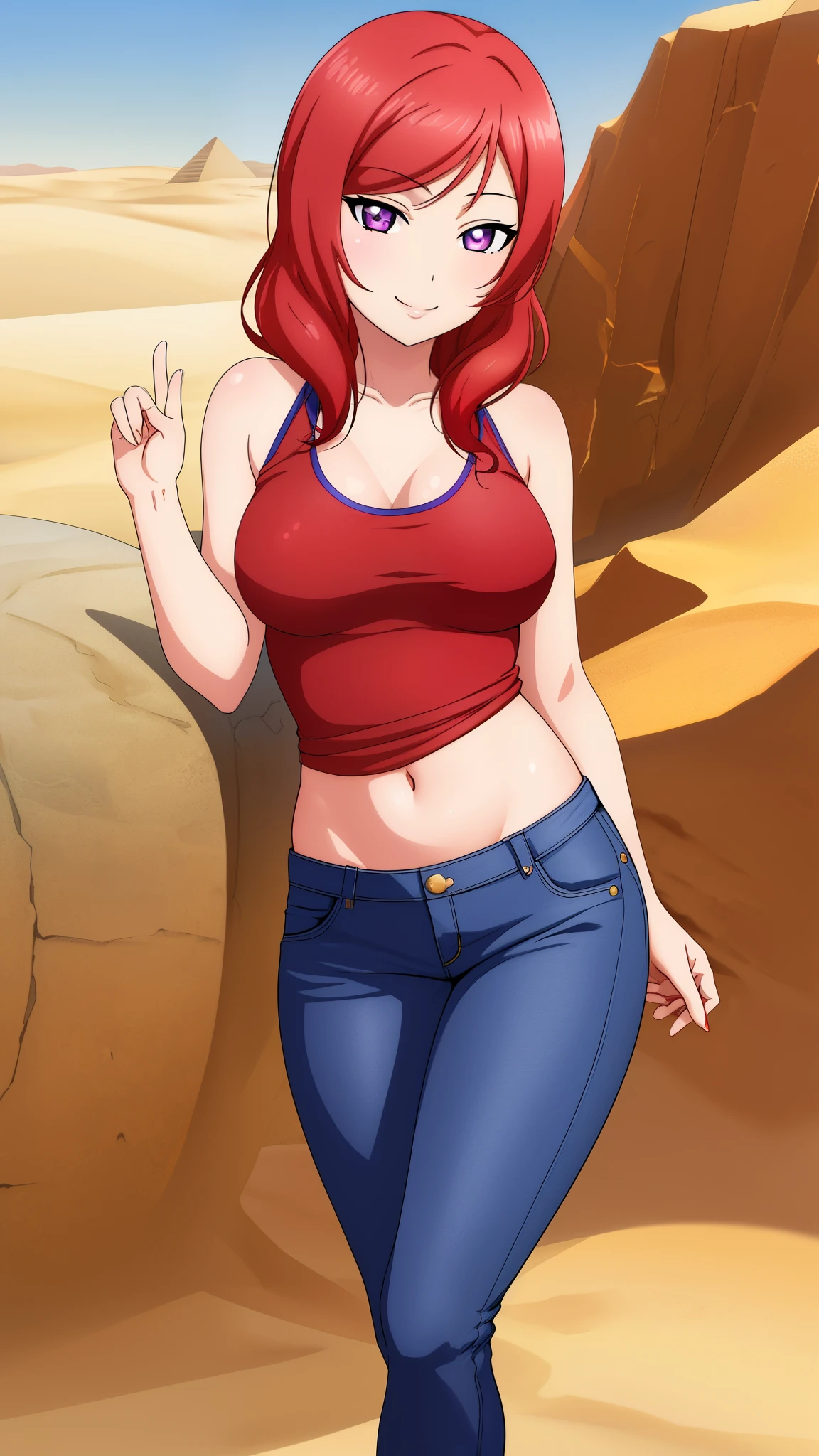 ((Masterpiece)), 8k wallpaper,,best quality,(standing ),(looking at viewer), purple eyes, ( perfect hips),(detailed position body),cowboy shot, nishikino maki, red tank top, blue pants, hard erect nipples, smile, in Egyptian desert