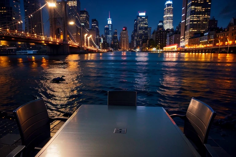 stunning close-up shot of chromed metallic table top surface with the iconic manhattan buildings at night, background, awesome professional stock photo best quality, 8k, low view, panoramic background, sharp close-up table top surface