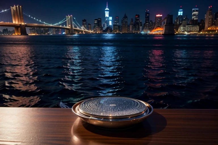 stunning close-up shot of chromed metallic table top surface with the iconic manhattan buildings at night, background, awesome professional stock photo best quality, 8k, low view, panoramic background, sharp close-up table top surface