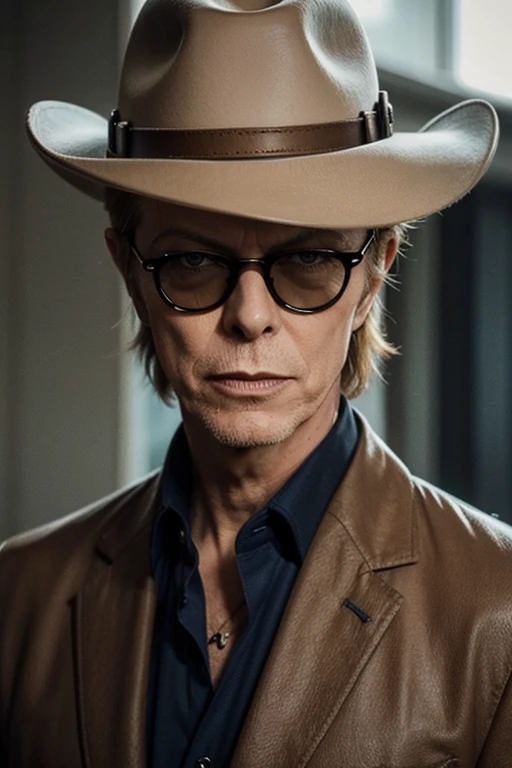 david bowie, color suit brown, portrait of david bowie, pilot glasses, cowboy hat, western style
