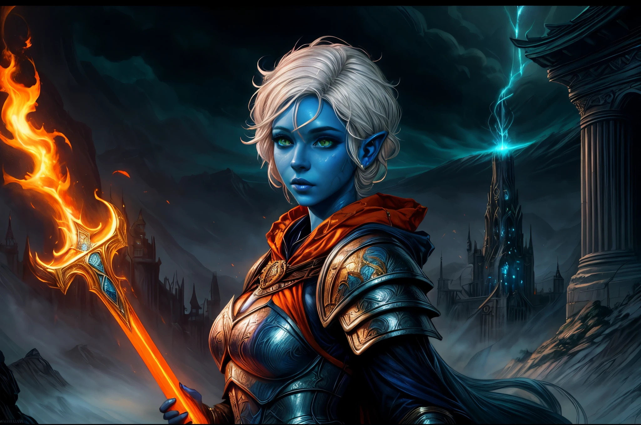 fantasy art, dnd art, RPG art, wide shot, (masterpiece: 1.4) portrait, intense details, highly detailed, photorealistic, best quality, highres, portrait a vedalken female (fantasy art, Masterpiece, best quality: 1.3) ((blue skin: 1.5)), intense details facial details, exquisite beauty, (fantasy art, Masterpiece, best quality) cleric, (blue colored skin: 1.5) 1person blue_skin, blue skinned female, (white hair: 1.3), long hair, intense green eye, ((no ears: 1.6)), fantasy art, Masterpiece, best quality) armed a fiery sword red fire, wearing heavy (white: 1.3) half plate mail armor, wearing high heeled laced boots, wearing an(orange :1.3) cloak, wearing glowing holy symbol GlowingRunes_pink, within fantasy temple background, reflection light, high details, best quality, 16k, [ultra detailed], masterpiece, best quality, (extremely detailed), close up, ultra wide shot, photorealistic, RAW, fantasy art, dnd art, fantasy art, realistic art,((best quality)), ((masterpiece)), (detailed), perfect face