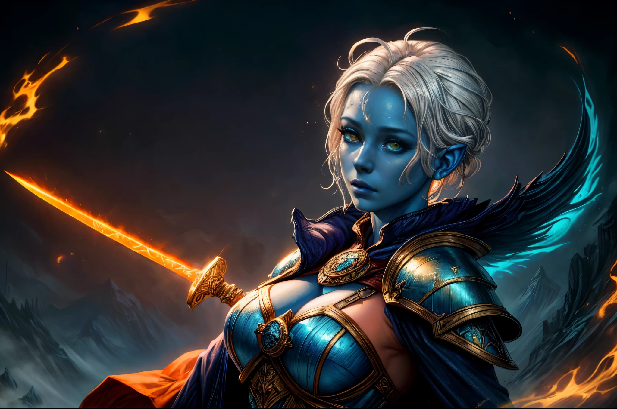 fantasy art, dnd art, RPG art, wide shot, (masterpiece: 1.4) portrait, intense details, highly detailed, photorealistic, best quality, highres, portrait a vedalken female (fantasy art, Masterpiece, best quality: 1.3) ((blue skin: 1.5)), intense details facial details, exquisite beauty, (fantasy art, Masterpiece, best quality) cleric, (blue colored skin: 1.5) 1person blue_skin, blue skinned female, (white hair: 1.3), long hair, intense green eye, ((no ears: 1.6)), fantasy art, Masterpiece, best quality) armed a fiery sword red fire, wearing heavy (white: 1.3) half plate mail armor, wearing high heeled laced boots, wearing an(orange :1.3) cloak, wearing glowing holy symbol GlowingRunes_pink, within fantasy temple background, reflection light, high details, best quality, 16k, [ultra detailed], masterpiece, best quality, (extremely detailed), close up, ultra wide shot, photorealistic, RAW, fantasy art, dnd art, fantasy art, realistic art,((best quality)), ((masterpiece)), (detailed), perfect face
