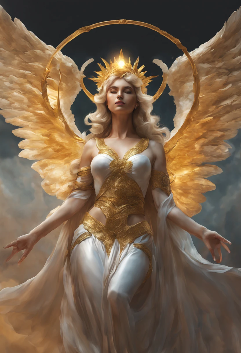 A beautiful vouptuous angel warrior woman with a golden halo above the head that is standing in the heaven, Harpy face above a cloud, Subject fits in frame, Oil painting, art by Alex Horley and Perer Lee art, magical gleaming background, Approaching perfection, Minimalistic clip art, negative space logos style, minimalistic logo design, 8k post production, High resolution, hyperdetailed, Trending on Artstation, beautiful gradient, Depth of field, clean image, High quality, full body view, real full body height, beautiful vouptuosus angel warrior woman with a golden halo above the head standing confidently in a bright, modern room with minimal decor, vivid lighting, and an peaceful atmosphere , highly detailed and intricate digital painting, with sharp focus and smooth textures, inspired by the works of artgerm, Beautiful blonde sparking hair, Makeup, Octane render, 8k, Beautiful lighting, hyper realistic, golden halo above the head ,a woman in a gold lingersuit , photorealistic perfect body, blonde goddess, perfect body, beautiful detailed body and face, sexy girl, sexy body, intricate body, beautiful body, realistic shaded perfect body, japanese goddess, seductive anime girl, beautiful goddess, great body, sexy hot body, beautiful body and face, attractive body