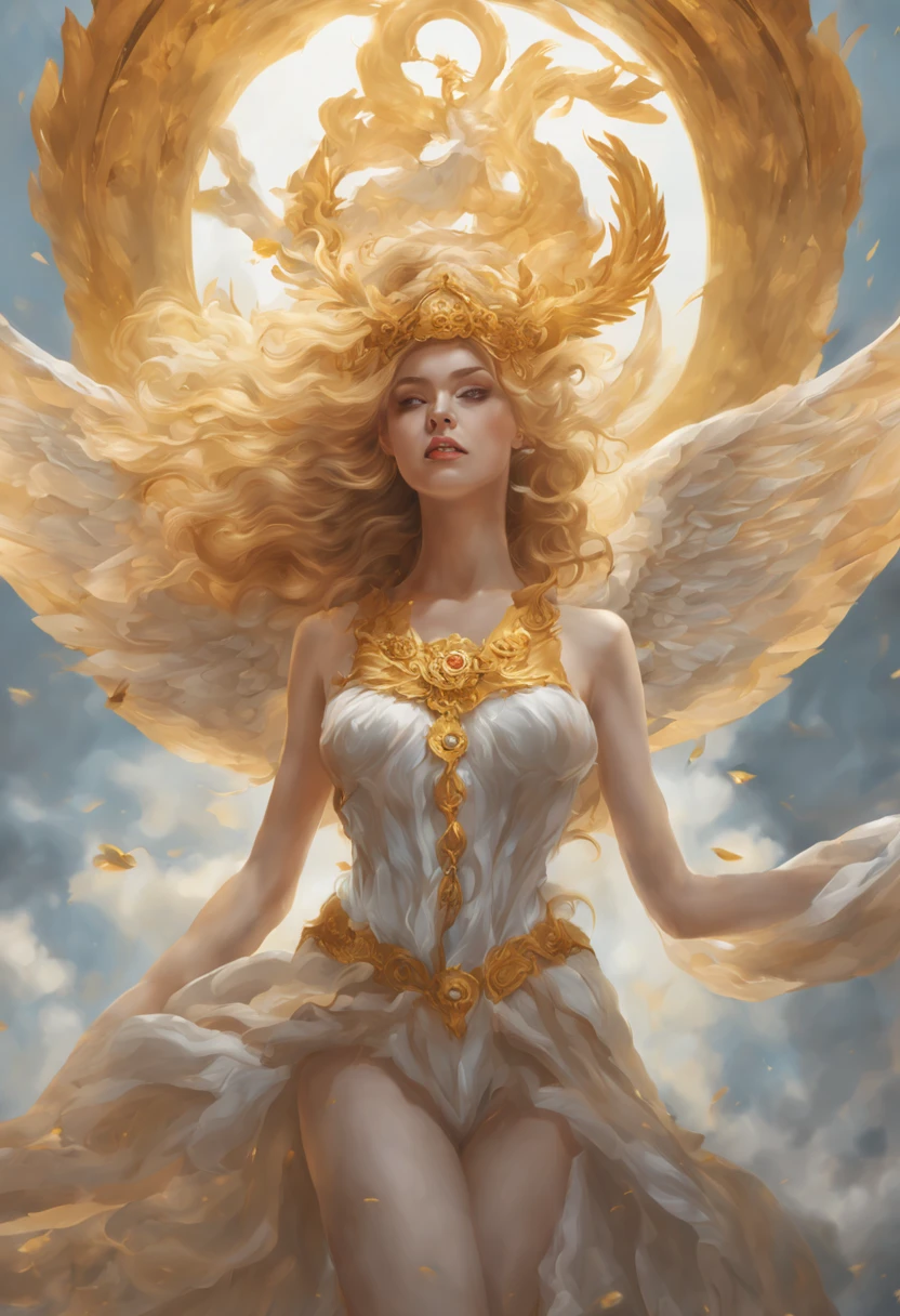 A beautiful vouptuous angel warrior woman with a golden halo above the head that is standing in the heaven, Harpy face above a cloud, Subject fits in frame, Oil painting, art by Alex Horley and Perer Lee art, magical gleaming background, Approaching perfection, Minimalistic clip art, negative space logos style, minimalistic logo design, 8k post production, High resolution, hyperdetailed, Trending on Artstation, beautiful gradient, Depth of field, clean image, High quality, full body view, real full body height, beautiful vouptuosus angel warrior woman with a golden halo above the head standing confidently in a bright, modern room with minimal decor, vivid lighting, and an peaceful atmosphere , highly detailed and intricate digital painting, with sharp focus and smooth textures, inspired by the works of artgerm, Beautiful blonde sparking hair, Makeup, Octane render, 8k, Beautiful lighting, hyper realistic, golden halo above the head ,a woman in a gold lingersuit , photorealistic perfect body, blonde goddess, perfect body, beautiful detailed body and face, sexy girl, sexy body, intricate body, beautiful body, realistic shaded perfect body, japanese goddess, seductive anime girl, beautiful goddess, great body, sexy hot body, beautiful body and face, attractive body