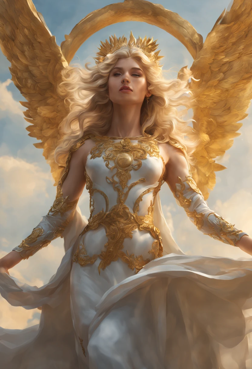 A beautiful vouptuous angel warrior woman with a golden halo above the head that is standing in the heaven, Harpy face above a cloud, Subject fits in frame, Oil painting, art by Alex Horley and Perer Lee art, magical gleaming background, Approaching perfection, Minimalistic clip art, negative space logos style, minimalistic logo design, 8k post production, High resolution, hyperdetailed, Trending on Artstation, beautiful gradient, Depth of field, clean image, High quality, full body view, real full body height, beautiful vouptuosus angel warrior woman with a golden halo above the head standing confidently in a bright, modern room with minimal decor, vivid lighting, and an peaceful atmosphere , highly detailed and intricate digital painting, with sharp focus and smooth textures, inspired by the works of artgerm, Beautiful blonde sparking hair, Makeup, Octane render, 8k, Beautiful lighting, hyper realistic, golden halo above the head ,a woman in a gold lingersuit , photorealistic perfect body, blonde goddess, perfect body, beautiful detailed body and face, sexy girl, sexy body, intricate body, beautiful body, realistic shaded perfect body, japanese goddess, seductive anime girl, beautiful goddess, great body, sexy hot body, beautiful body and face, attractive body