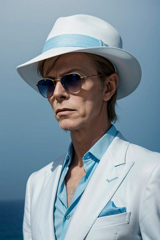 david bowie, color suit light blue, portrait of david bowie, greek style, greece, sunglasses, white hat