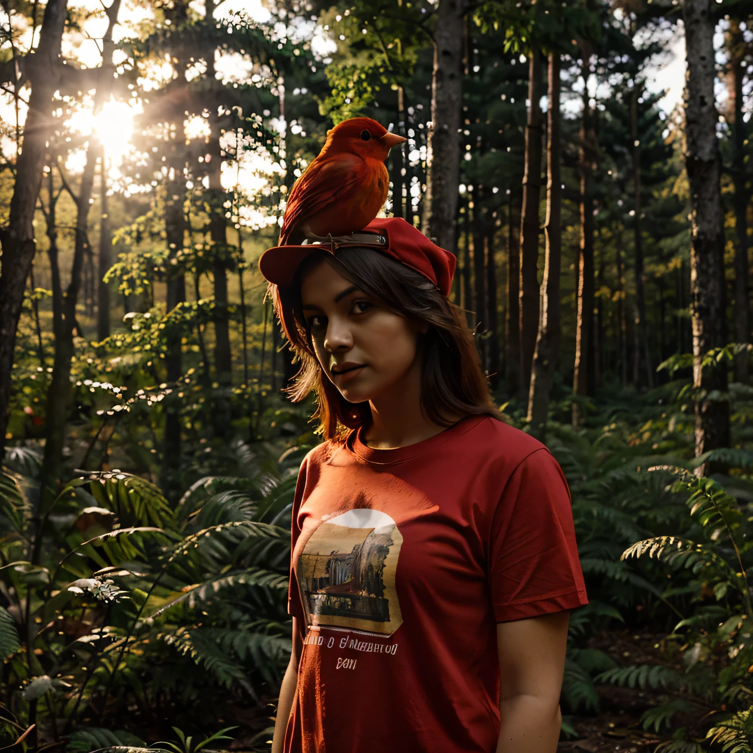 red bird, dressed up with t shirt,holdind a camera, in a forest,at sunset