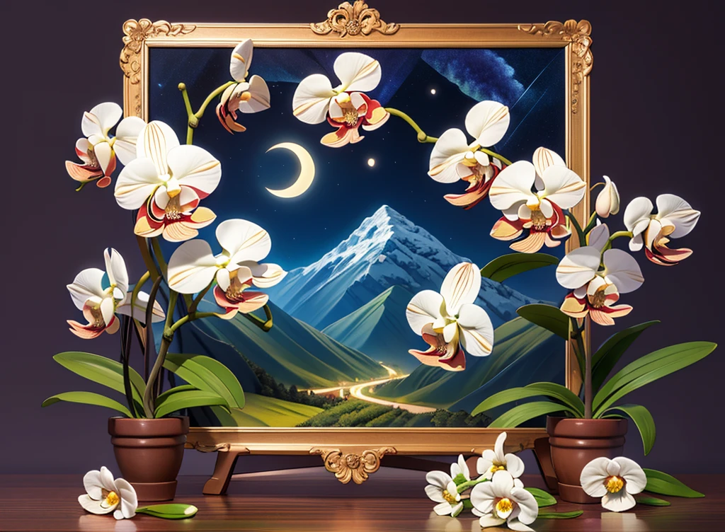 white orchid、orchid、Painting style、oil、background mountains、Moonlight night