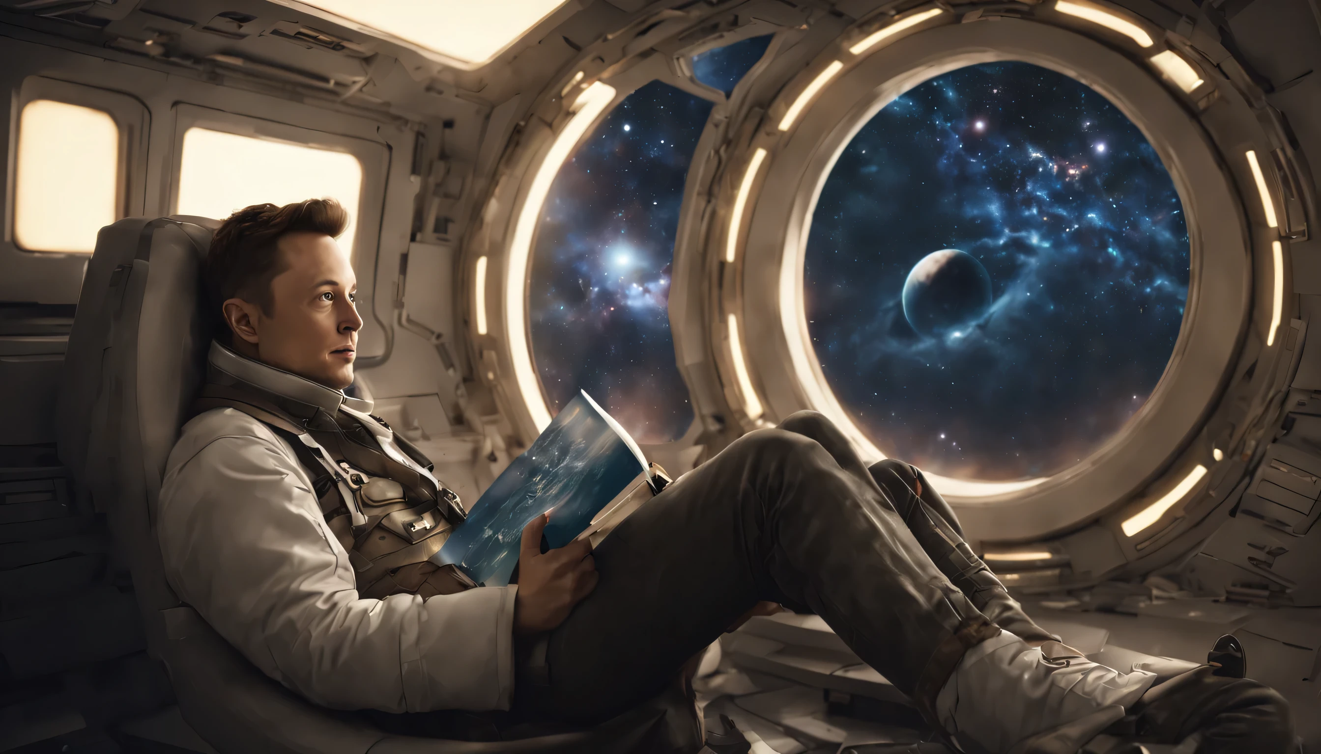 Elon Musk lendo o livro 'The Hitchhiker's Guide to the Galaxy' em uma sala iluminada com tema de Science fiction e janelas com vista para as galáxias (melhor qualidade,4k,8k,high resolution,obra de arte:1.2), ultra-detalhado, (realista,photorealista,photo-realista:1.37), Science fiction, space exploration, design futurista, Tecnologia de Science fiction