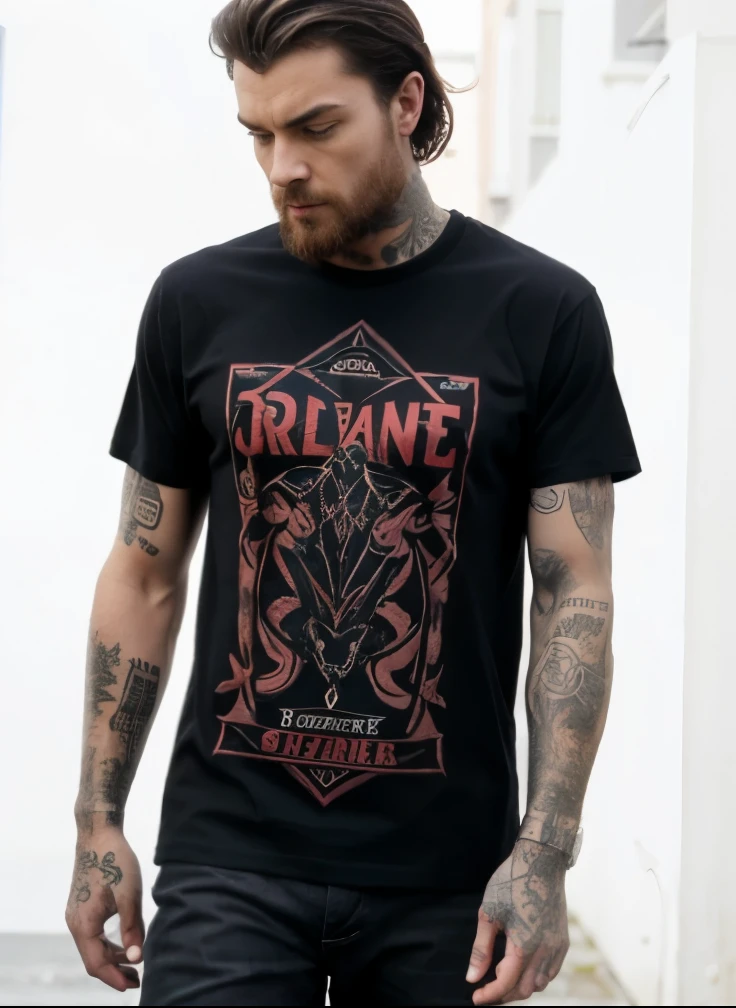 un homme avec des tatouages et un tatouage sur le bras portant un teeshirt noire, style d'hydro74, renfrogné, encre épaisse, T-shirts noir, vêtements punk rock, conception de t-shirt , vêtements black , Satan déchiré par le gras, Clayton Crain, , avec symétrie complexe détaillée, vêtements ésotériques, photographie publicitaire,