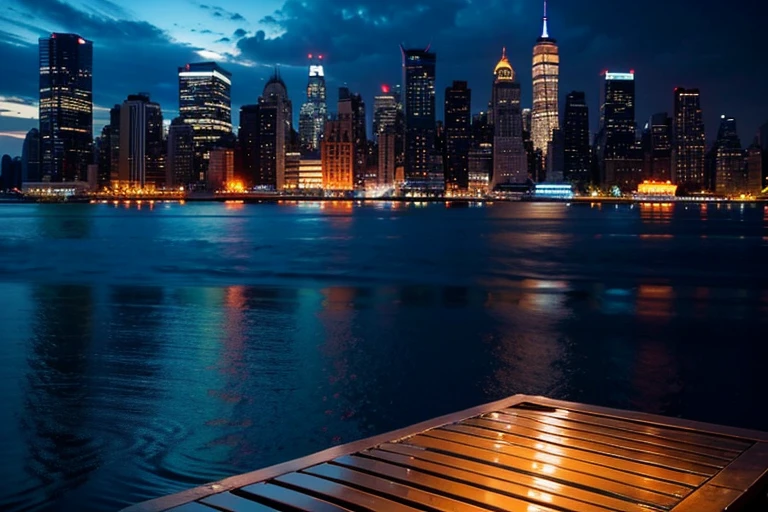 stunning close-up shot of the metallic table top surface with the iconic manhattan buildings at night, background, awesome professional stock photo best quality, 8k, low view, panoramic background, sharp close-up table top surface, POV