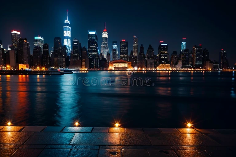 stunning close-up shot of the metallic table top surface with the iconic manhattan buildings at night, background, awesome professional stock photo best quality, 8k, low view, panoramic background, sharp close-up table top surface, POV