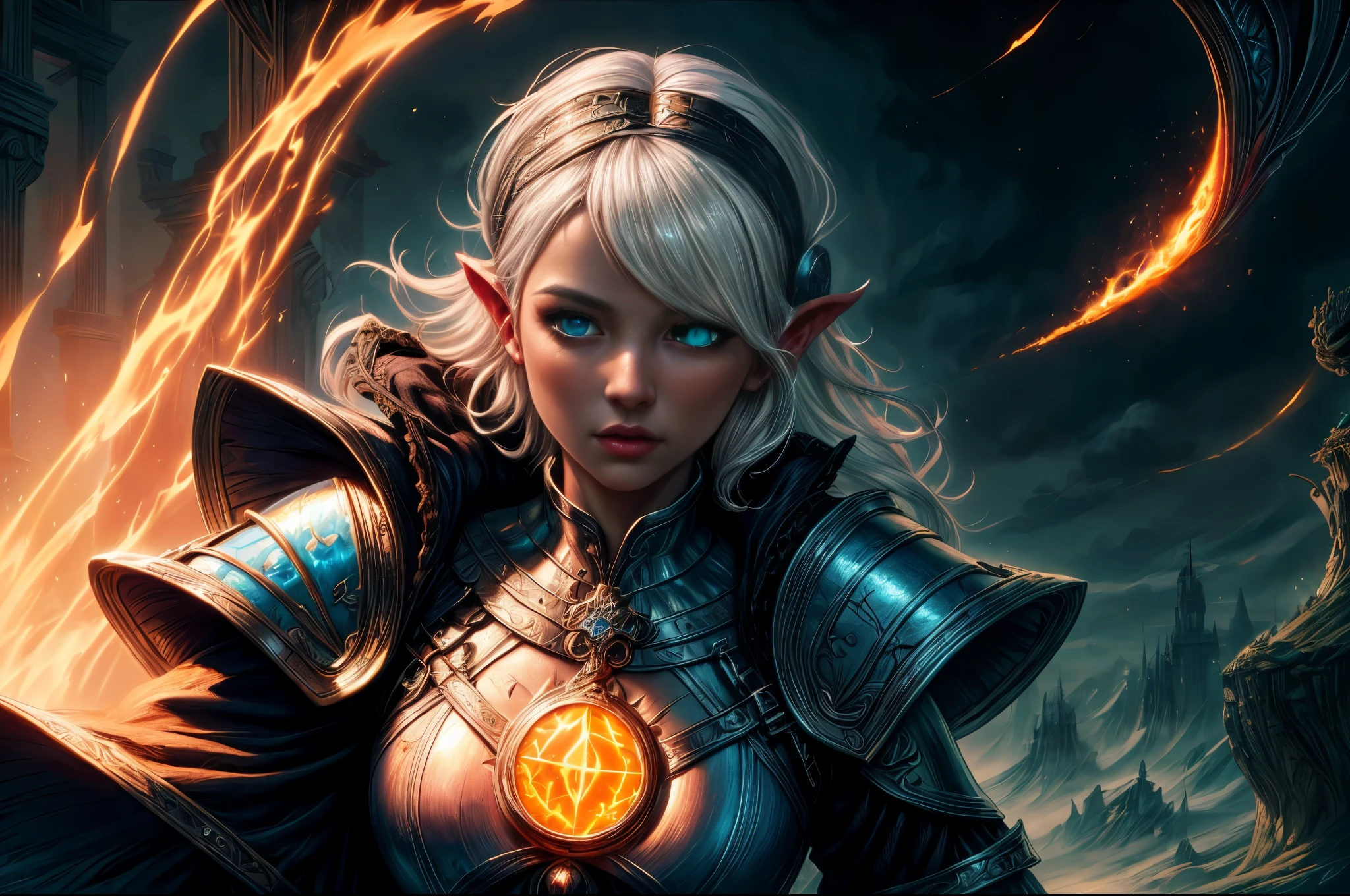 fantasy art, dnd art, RPG art, wide shot, (masterpiece: 1.4) portrait, intense details, highly detailed, photorealistic, best quality, highres, portrait a vedalken female (fantasy art, Masterpiece, best quality: 1.3) ((blue skin: 1.5)), intense details facial details, exquisite beauty, (fantasy art, Masterpiece, best quality) cleric, (blue colored skin: 1.5) 1person blue_skin, blue skinned female, (white hair: 1.3), long hair, intense green eye, ((no ears: 1.6)), fantasy art, Masterpiece, best quality) armed a fiery sword red fire, wearing heavy (white: 1.3) half plate mail armor, wearing high heeled laced boots, wearing an(orange :1.3) cloak, wearing glowing holy symbol GlowingRunes_pink, within fantasy temple background, reflection light, high details, best quality, 16k, [ultra detailed], masterpiece, best quality, (extremely detailed), close up, ultra wide shot, photorealistic, RAW, fantasy art, dnd art, fantasy art, realistic art,((best quality)), ((masterpiece)), (detailed), perfect face
