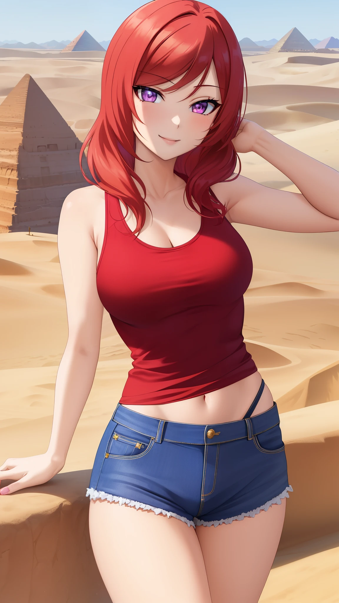 ((Masterpiece)), 8k wallpaper,,best quality,(standing ),(looking at viewer), purple eyes, ( perfect hips),(detailed position body),cowboy shot, nishikino maki, red tank top, blue pants,  smile, in Egyptian desert