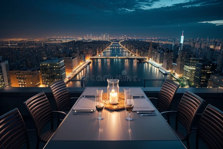 stunning slick chromed metallic table top surface view with the manhattan iconic view at night, background, awesome professional stock photo best quality, 8k, low view, panoramic background, sharp close-up table top surface