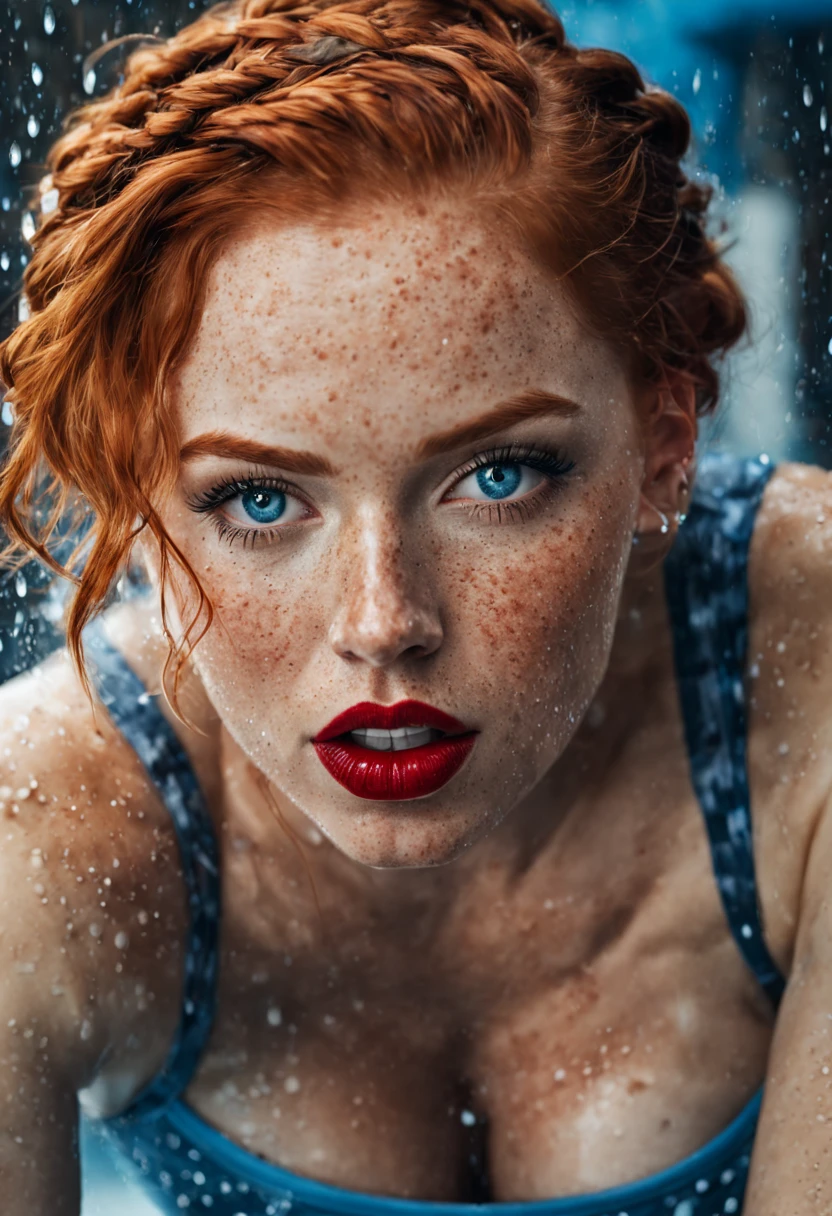 realistic photo of a beautiful red-haired woman, front view, freckles, braided hair, blue eyes, big lips, red lipstick, ((sexy and bitchy squeezing her round breasts)), skirts and crop top, sports sneakers, on the background of room, mixing water and water droplets on the face and body, captured with a digital DSLR camera