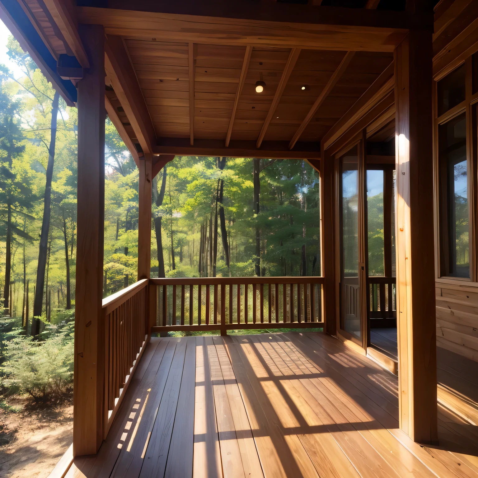 wooden veranda close up, frontal shot in the forest on a sunny day, Frontal angle, first-person view